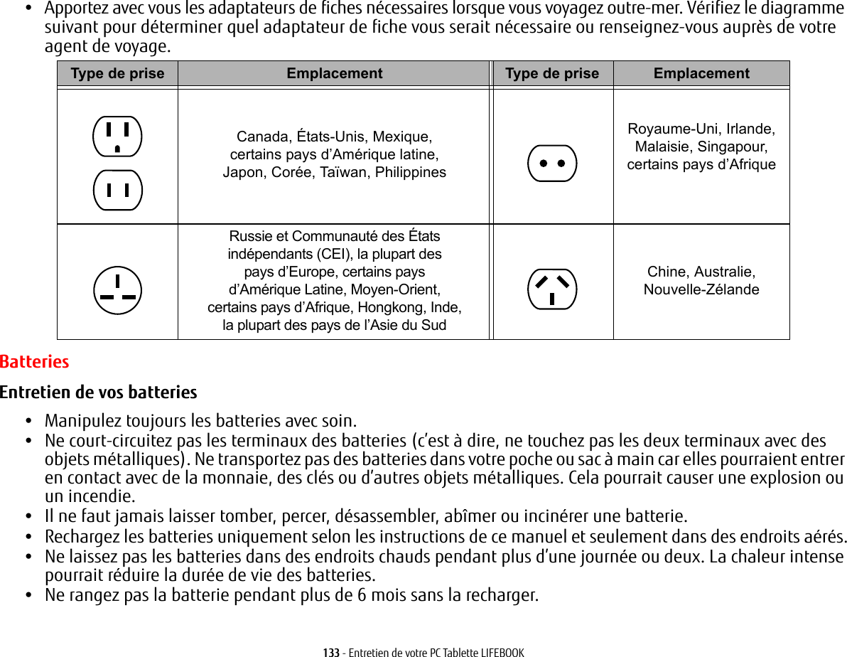 133 - Entretien de votre PC Tablette LIFEBOOK•Apportez avec vous les adaptateurs de fiches nécessaires lorsque vous voyagez outre-mer. Vérifiez le diagramme suivant pour déterminer quel adaptateur de fiche vous serait nécessaire ou renseignez-vous auprès de votre agent de voyage.Type de prise Emplacement Type de prise EmplacementCanada, États-Unis, Mexique, certains pays d’Amérique latine, Japon, Corée, Taïwan, PhilippinesRoyaume-Uni, Irlande, Malaisie, Singapour, certains pays d’AfriqueRussie et Communauté des États indépendants (CEI), la plupart des pays d’Europe, certains pays d’Amérique Latine, Moyen-Orient, certains pays d’Afrique, Hongkong, Inde, la plupart des pays de l’Asie du SudChine, Australie, Nouvelle-ZélandeBatteriesEntretien de vos batteries •Manipulez toujours les batteries avec soin.•Ne court-circuitez pas les terminaux des batteries (c’est à dire, ne touchez pas les deux terminaux avec des objets métalliques). Ne transportez pas des batteries dans votre poche ou sac à main car elles pourraient entrer en contact avec de la monnaie, des clés ou d’autres objets métalliques. Cela pourrait causer une explosion ou un incendie.•Il ne faut jamais laisser tomber, percer, désassembler, abîmer ou incinérer une batterie.•Rechargez les batteries uniquement selon les instructions de ce manuel et seulement dans des endroits aérés.•Ne laissez pas les batteries dans des endroits chauds pendant plus d’une journée ou deux. La chaleur intense pourrait réduire la durée de vie des batteries.•Ne rangez pas la batterie pendant plus de 6 mois sans la recharger.