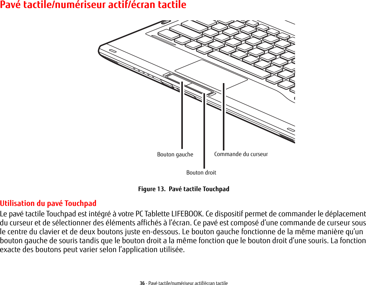 36 - Pavé tactile/numériseur actif/écran tactilePavé tactile/numériseur actifBouton gaucheBouton droitCommande du curseur/écran tactileFigure 13.  Pavé tactile TouchpadUtilisation du pavé TouchpadLe pavé tactile Touchpad est intégré à votre PC Tablette LIFEBOOK. Ce dispositif permet de commander le déplacement du curseur et de sélectionner des éléments affichés à l’écran. Ce pavé est composé d’une commande de curseur sous le centre du clavier et de deux boutons juste en-dessous. Le bouton gauche fonctionne de la même manière qu’un bouton gauche de souris tandis que le bouton droit a la même fonction que le bouton droit d’une souris. La fonction exacte des boutons peut varier selon l’application utilisée.