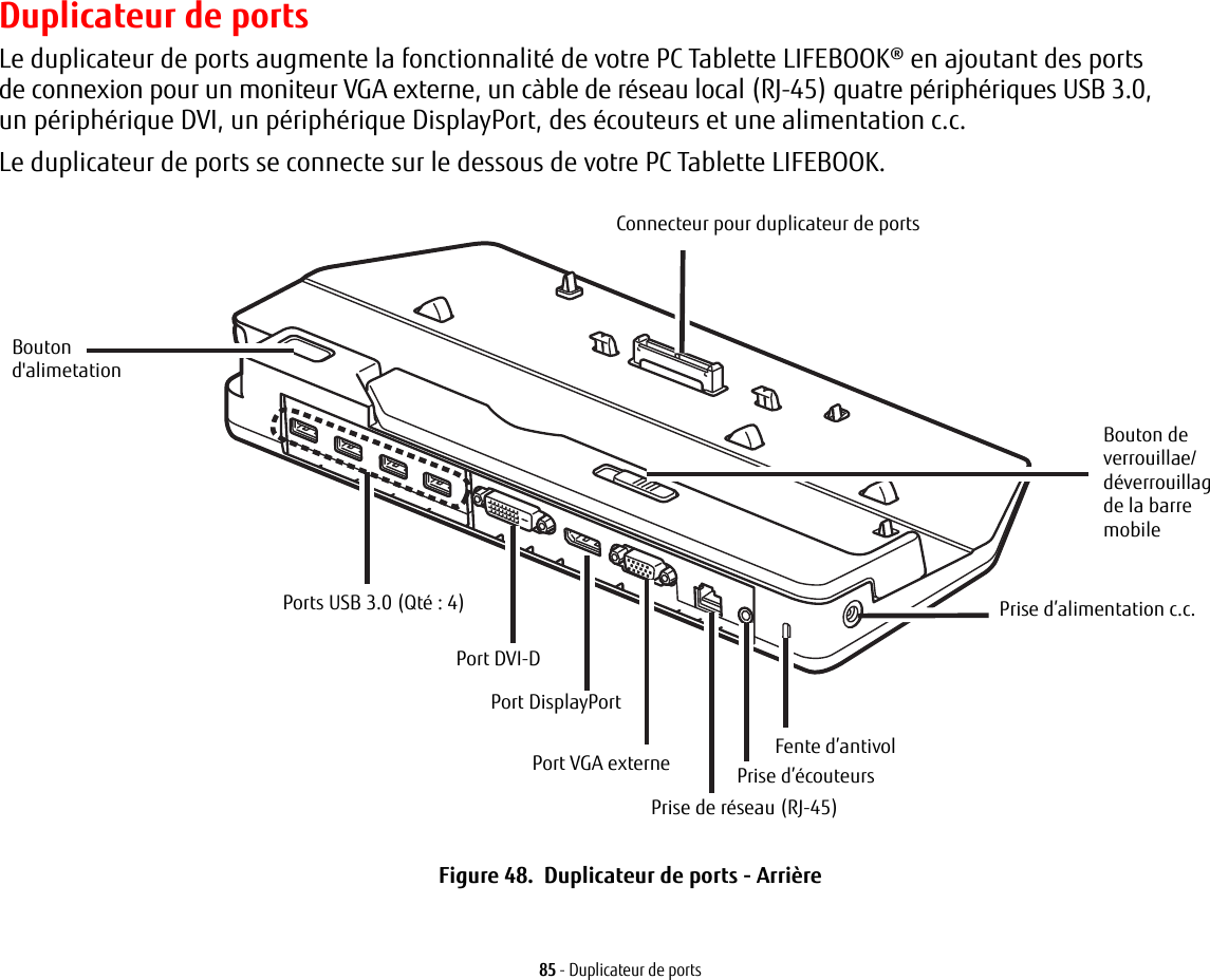 85 - Duplicateur de portsDuplicateur de portsLe duplicateur de ports augmente la fonctionnalité de votre PC Tablette LIFEBOOK® en ajoutant des ports de connexion pour un moniteur VGA externe, un càble de réseau local (RJ-45) quatre périphériques USB 3.0, un périphérique DVI, un périphérique DisplayPort, des écouteurs et une alimentation c.c. Le duplicateur de ports se connecte sur le dessous de votre PC Tablette LIFEBOOK.Connecteur pour duplicateur de portsPrise d’alimentation c.c.Fente d’antivolPrise d’écouteursPrise de réseau (RJ-45)Bouton Port DVI-DPorts USB 3.0 (Qté: 4)Port DisplayPortPort VGA externe Bouton de verrouillae/déverrouillag de la barre mobiled&apos;alimetationFigure 48.  Duplicateur de ports - Arrière