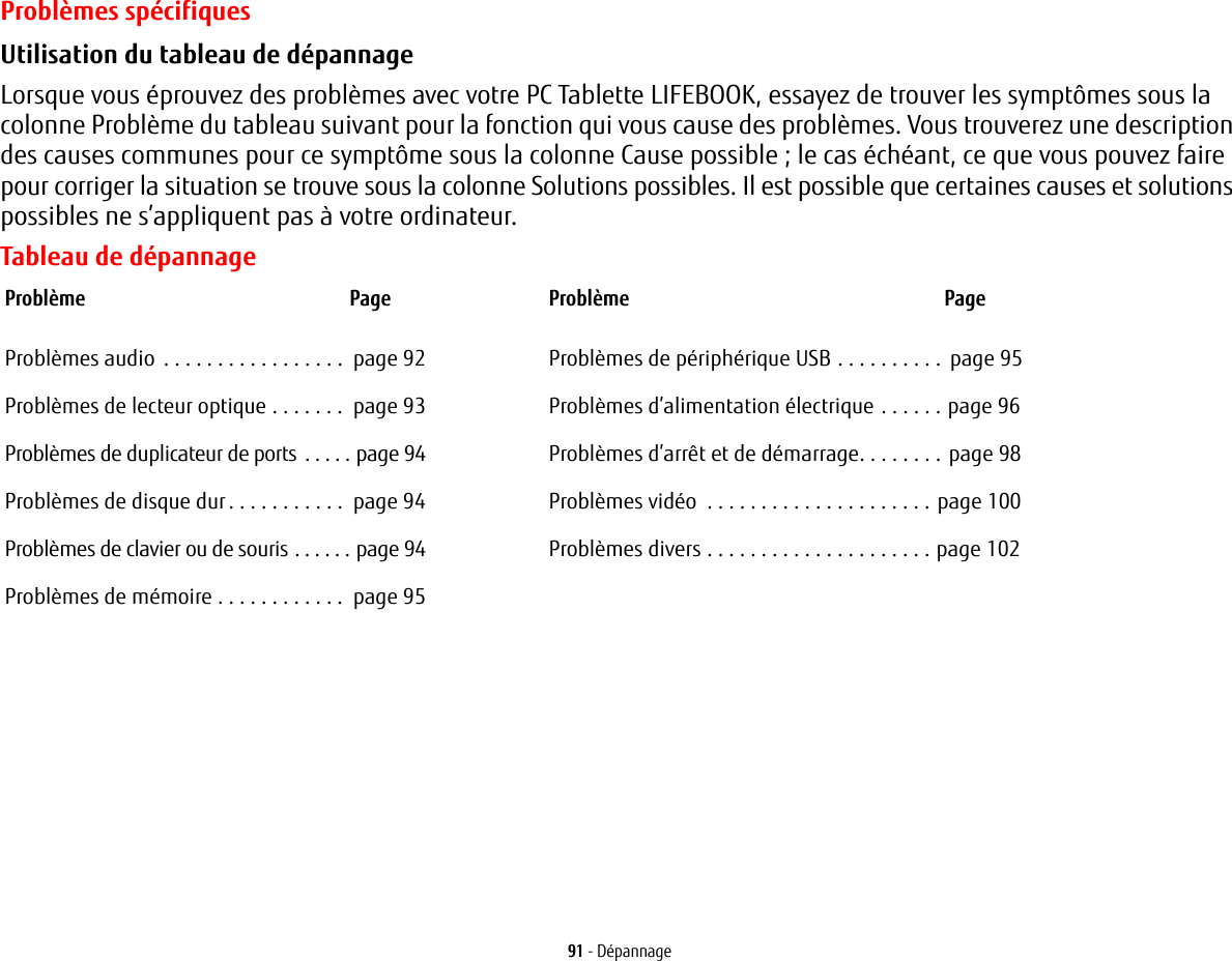 91 - DépannageProblèmes spécifiquesUtilisation du tableau de dépannage Lorsque vous éprouvez des problèmes avec votre PC Tablette LIFEBOOK, essayez de trouver les symptômes sous la colonne Problème du tableau suivant pour la fonction qui vous cause des problèmes. Vous trouverez une description des causes communes pour ce symptôme sous la colonne Cause possible ; le cas échéant, ce que vous pouvez faire pour corriger la situation se trouve sous la colonne Solutions possibles. Il est possible que certaines causes et solutions possibles ne s’appliquent pas à votre ordinateur.Tableau de dépannageProblème PageProblèmes audio . . . . . . . . . . . . . . . . .  page 92Problèmes de lecteur optique . . . . . . .  page 93Problèmes de duplicateur de ports  . . . . . page 94Problèmes de disque dur . . . . . . . . . . .  page 94Problèmes de clavier ou de souris . . . . . . page 94Problèmes de mémoire . . . . . . . . . . . .  page 95Problème PageProblèmes de périphérique USB . . . . . . . . . .  page 95Problèmes d’alimentation électrique . . . . . . page 96Problèmes d’arrêt et de démarrage. . . . . . . . page 98Problèmes vidéo  . . . . . . . . . . . . . . . . . . . . . page 100Problèmes divers . . . . . . . . . . . . . . . . . . . . . page 102