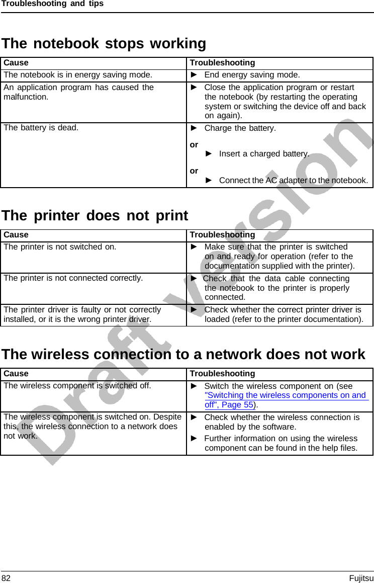 Troubleshooting and tips  The printer does not print The wireless connection to a network does not work  The notebook stops working  Cause Troubleshooting The notebook is in energy saving mode. ►   End energy saving mode. An application program has caused the malfunction. ►   Close the application program or restart the notebook (by restarting the operating system or switching the device off and back on again). The battery is dead. ►   Charge the battery. or ►   Insert a charged battery. or ►   Connect the AC adapter to the notebook.    Cause Troubleshooting The printer is not switched on. ►   Make sure that the printer is switched on and ready for operation (refer to the documentation supplied with the printer). The printer is not connected correctly. ► Check that the data cable connecting the notebook to the printer is properly connected. The printer driver is faulty or not correctly installed, or it is the wrong printer driver. ►   Check whether the correct printer driver is loaded (refer to the printer documentation).    Cause Troubleshooting The wireless component is switched off. ►   Switch the wireless component on (see &quot;Switching the wireless components on and off&quot;, Page 55). The wireless component is switched on. Despite this, the wireless connection to a network does not work. ►   Check whether the wireless connection is enabled by the software. ►   Further information on using the wireless component can be found in the help files. 82 Fujitsu  