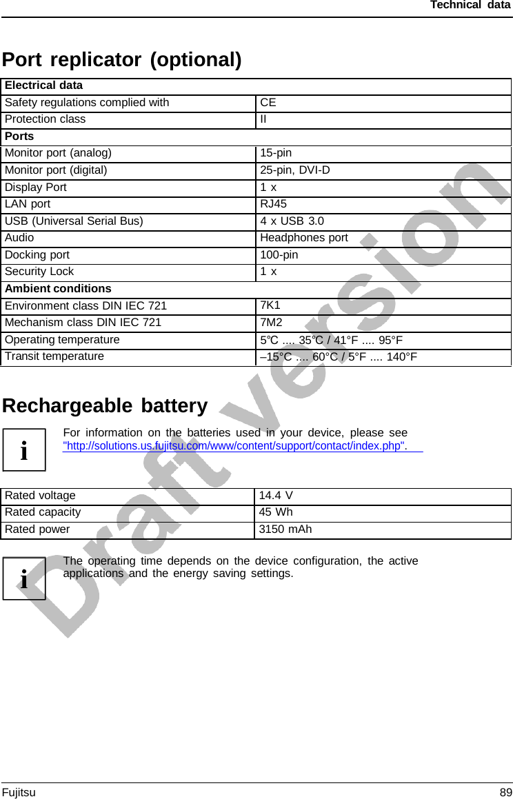 Technical data  Rechargeable battery For information on the batteries used in your device, please see &quot;http://solutions.us.fujitsu.com/www/content/support/contact/index.php&quot;. The operating time depends on the device configuration, the active applications and the energy saving settings.  Port replicator (optional)  Electrical data Safety regulations complied with CE Protection class II Ports Monitor port (analog) 15-pin Monitor port (digital) 25-pin, DVI-D Display Port 1 x LAN port RJ45 USB (Universal Serial Bus) 4 x USB 3.0 Audio Headphones port Docking port 100-pin Security Lock 1 x  Ambient conditions Environment class DIN IEC 721 7K1 Mechanism class DIN IEC 721 7M2 Operating temperature 5℃ .... 35℃ / 41°F .... 95°F Transit temperature –15°C .... 60°C / 5°F .... 140°F        Rated voltage 14.4 V Rated capacity 45 Wh Rated power 3150 mAh Fujitsu 89  