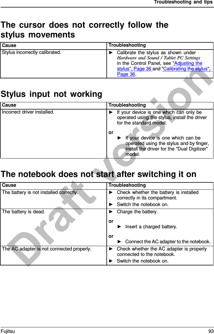 Troubleshooting and tips  Stylus input not working The notebook does not start after switching it on  The cursor does not correctly follow the stylus movements  Cause Troubleshooting Stylus incorrectly calibrated. ►   Calibrate the stylus as shown under Hardware and Sound / Tablet PC Settings in the Control Panel, see &quot;Adjusting the stylus&quot;, Page 36 and &quot;Calibrating the stylus&quot;,  Page 36.    Cause Troubleshooting Incorrect driver installed. ►   If your device is one which can only be operated using the stylus, install the driver for the standard model. or ►   If your device is one which can be operated using the stylus and by finger, install the driver for the &quot;Dual Digitizer&quot; model.    Cause Troubleshooting The battery is not installed correctly. ►   Check whether the battery is installed correctly in its compartment. ►   Switch the notebook on. The battery is dead. ►   Charge the battery. or ►   Insert a charged battery. or ►   Connect the AC adapter to the notebook. The AC adapter is not connected properly. ►   Check whether the AC adapter is properly connected to the notebook. ►   Switch the notebook on. Fujitsu 93  