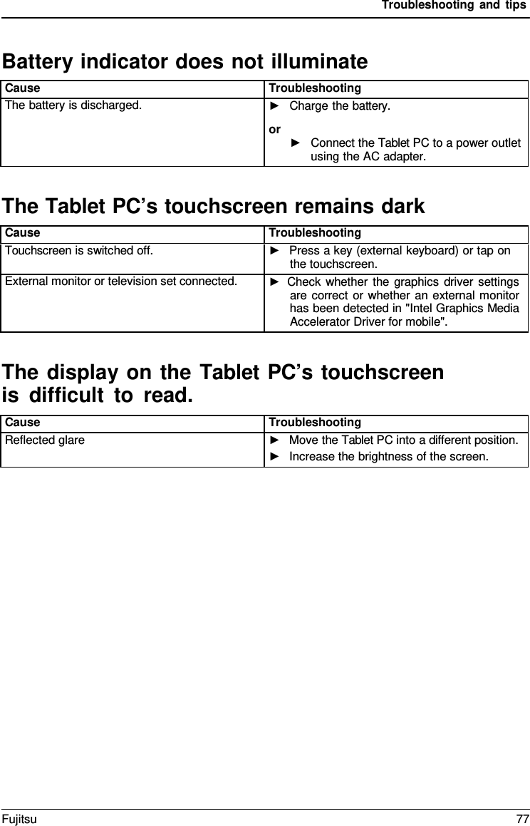 Troubleshooting and tips The Tablet PC’s touchscreen remains darkThe display on the Tablet PC’s touchscreen is difficult  to  read. Battery indicator does not illuminate Cause Troubleshooting The battery is discharged. ►Charge the battery.or ►Connect the Tablet PC to a power outletusing the AC adapter. Cause Troubleshooting Touchscreen is switched off. ►Press a key (external keyboard) or tap onthe touchscreen.External monitor or television set connected. ►Check whether the graphics driver settingsare correct or whether an external monitorhas been detected in &quot;Intel Graphics MediaAccelerator Driver for mobile&quot;.Cause Troubleshooting Reflected glare ►Move the Tablet PC into a different position.►Increase the brightness of the screen.Fujitsu 77 