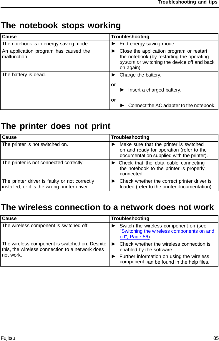 Troubleshooting and tips The printer does not printThe wireless connection to a network does not workThe notebook stops working Cause Troubleshooting The notebook is in energy saving mode. ►End energy saving mode.An application program has caused the malfunction. ►Close the application program or restartthe notebook (by restarting the operatingsystem or switching the device off and backon again).The battery is dead. ►Charge the battery.or ►Insert a charged battery.or ►Connect the AC adapter to the notebook. Cause Troubleshooting The printer is not switched on. ►Make sure that the printer is switchedon and ready for operation (refer to thedocumentation supplied with the printer).The printer is not connected correctly. ►Check that the data cable connectingthe notebook to the printer is properlyconnected.The printer driver is faulty or not correctly installed, or it is the wrong printer driver. ►Check whether the correct printer driver isloaded (refer to the printer documentation). Cause Troubleshooting The wireless component is switched off. ►Switch the wireless component on (see&quot;Switching the wireless components on andoff&quot;, Page 56). The wireless component is switched on. Despite this, the wireless connection to a network does not work. ►Check whether the wireless connection isenabled by the software.►Further information on using the wirelesscomponent can be found in the help files.Fujitsu 85 
