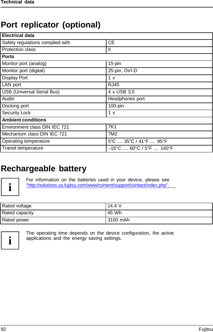 Technical data Rechargeable battery For information on the batteries used in your device, please see &quot;http://solutions.us.fujitsu.com/www/content/support/contact/index.php&quot;. The operating time depends on the device configuration, the active applications and the energy saving settings. Port replicator (optional) Electrical data Safety regulations complied with CE Protection class II Ports Monitor port (analog) 15-pin Monitor port (digital) 25-pin, DVI-D Display Port 1 x LAN port RJ45 USB (Universal Serial Bus) 4 x USB 3.0 Audio Headphones port Docking port 100-pin Security Lock 1 x Ambient conditions Environment class DIN IEC 721 7K1 Mechanism class DIN IEC 721 7M2 Operating temperature 5℃ .... 35℃ / 41°F .... 95°F Transit temperature –15°C .... 60°C / 5°F .... 140°FRated voltage 14.4 V Rated capacity 45 Wh Rated power 3150 mAh 92 Fujitsu 