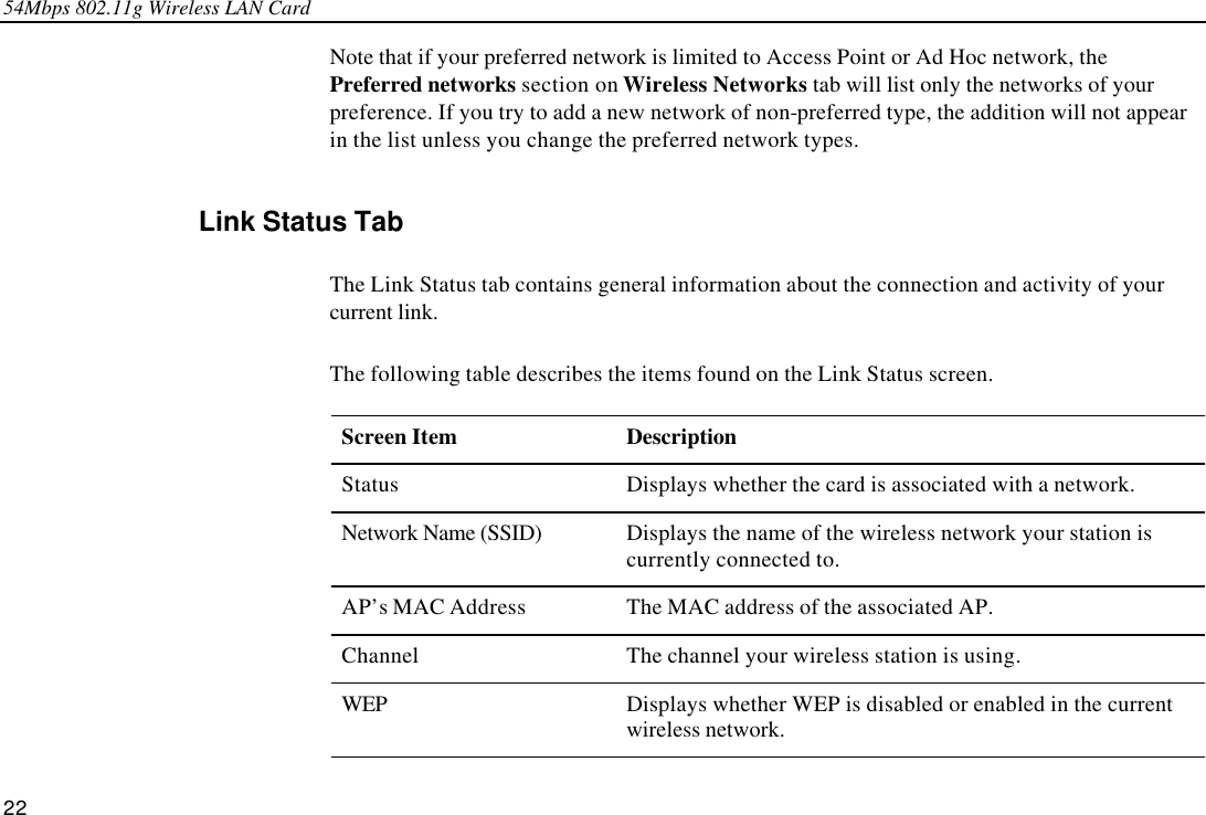 54Mbps 802.11g Wireless LAN Card 22 Note that if your preferred network is limited to Access Point or Ad Hoc network, the Preferred networks section on Wireless Networks tab will list only the networks of your preference. If you try to add a new network of non-preferred type, the addition will not appear in the list unless you change the preferred network types. Link Status Tab The Link Status tab contains general information about the connection and activity of your current link. The following table describes the items found on the Link Status screen. Screen Item Description Status Displays whether the card is associated with a network. Network Name (SSID) Displays the name of the wireless network your station is currently connected to.   AP’s MAC Address The MAC address of the associated AP. Channel The channel your wireless station is using. WEP Displays whether WEP is disabled or enabled in the current wireless network. 