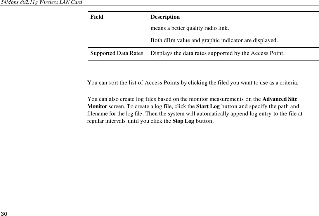 54Mbps 802.11g Wireless LAN Card 30 Field Description means a better quality radio link.   Both dBm value and graphic indicator are displayed. Supported Data Rates Displays the data rates supported by the Access Point.  You can sort the list of Access Points by clicking the filed you want to use as a criteria.   You can also create log files based on the monitor measurements on the Advanced Site Monitor screen. To create a log file, click the Start Log button and specify the path and filename for the log file. Then the system will automatically append log entry to the file at regular intervals  until you click the Stop Log button. 