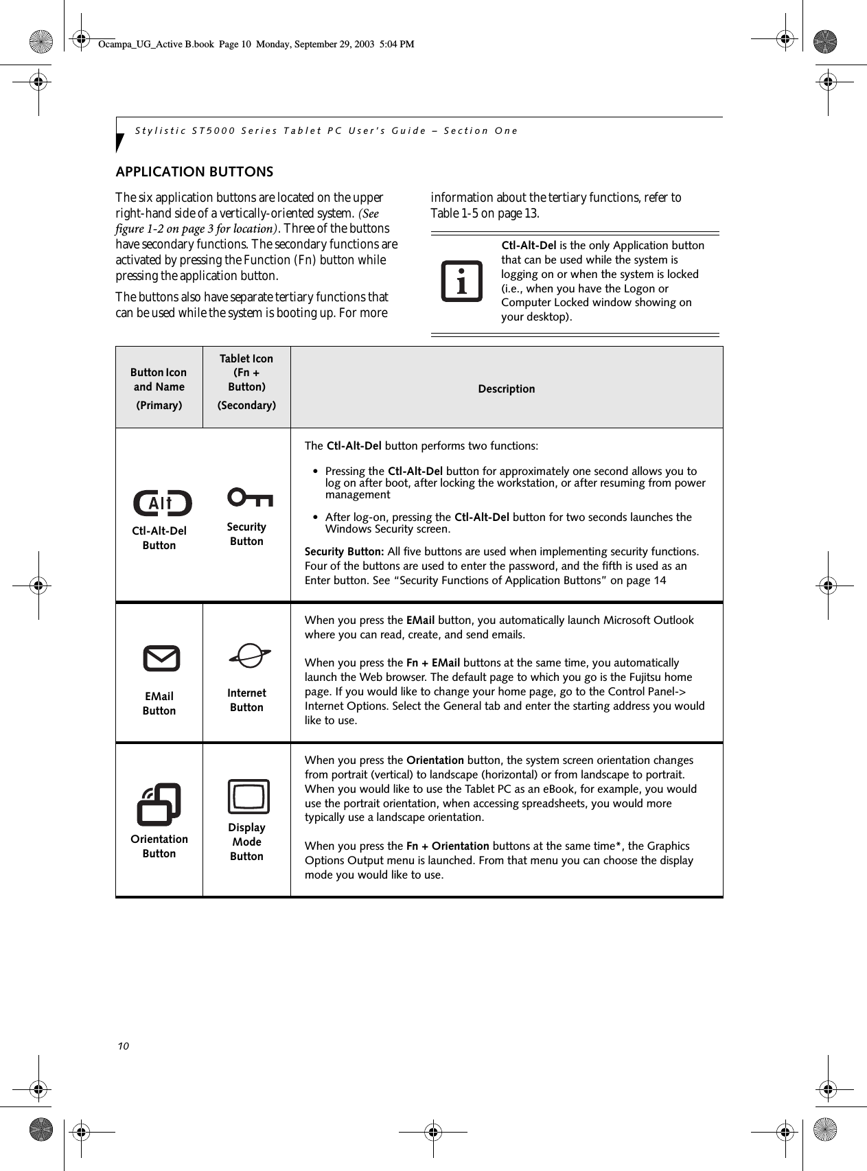 10Stylistic ST5000 Series Tablet PC User’s Guide – Section OneAPPLICATION BUTTONSThe six application buttons are located on the upper right-hand side of a vertically-oriented system. (See figure 1-2 on page 3 for location). Three of the buttons have secondary functions. The secondary functions are activated by pressing the Function (Fn) button while pressing the application button. The buttons also have separate tertiary functions that can be used while the system is booting up. For more information about the tertiary functions, refer to Table 1-5 on page 13.  Ctl-Alt-Del is the only Application button that can be used while the system is logging on or when the system is locked (i.e., when you have the Logon or Computer Locked window showing on your desktop). Button Icon and Name(Primary)Tablet Icon (Fn + Button)(Secondary)DescriptionCtl-Alt-DelButton SecurityButtonThe Ctl-Alt-Del button performs two functions:• Pressing the Ctl-Alt-Del button for approximately one second allows you to log on after boot, after locking the workstation, or after resuming from power management • After log-on, pressing the Ctl-Alt-Del button for two seconds launches the Windows Security screen.Security Button: All five buttons are used when implementing security functions. Four of the buttons are used to enter the password, and the fifth is used as an Enter button. See “Security Functions of Application Buttons” on page 14 EMail ButtonInternet ButtonWhen you press the EMail button, you automatically launch Microsoft Outlook where you can read, create, and send emails. When you press the Fn + EMail buttons at the same time, you automatically launch the Web browser. The default page to which you go is the Fujitsu home page. If you would like to change your home page, go to the Control Panel-&gt; Internet Options. Select the General tab and enter the starting address you would like to use. OrientationButtonDisplay Mode ButtonWhen you press the Orientation button, the system screen orientation changes from portrait (vertical) to landscape (horizontal) or from landscape to portrait. When you would like to use the Tablet PC as an eBook, for example, you would use the portrait orientation, when accessing spreadsheets, you would more typically use a landscape orientation.When you press the Fn + Orientation buttons at the same time*, the Graphics Options Output menu is launched. From that menu you can choose the display mode you would like to use.Ocampa_UG_Active B.book  Page 10  Monday, September 29, 2003  5:04 PM