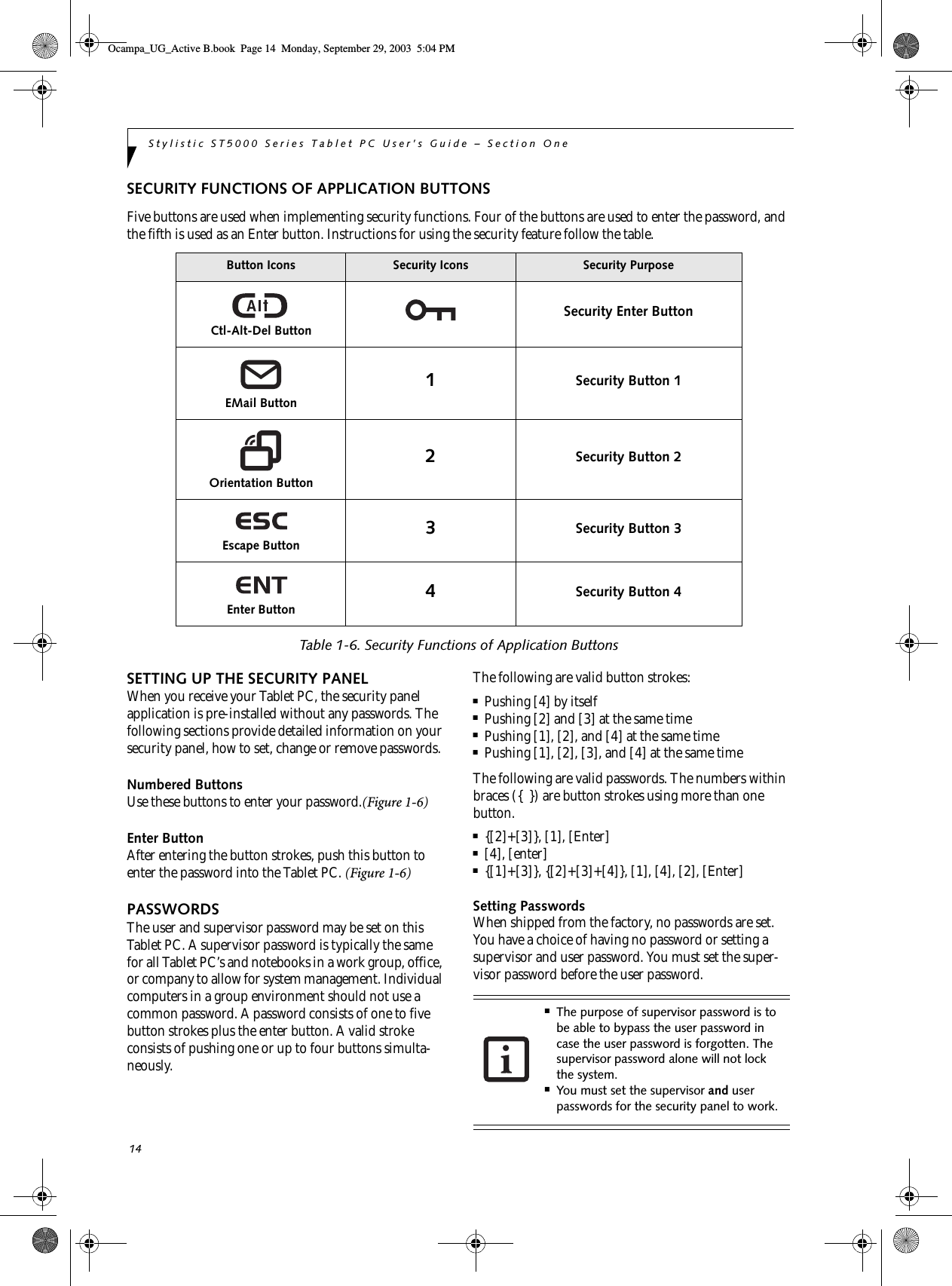 14Stylistic ST5000 Series Tablet PC User’s Guide – Section OneSECURITY FUNCTIONS OF APPLICATION BUTTONSFive buttons are used when implementing security functions. Four of the buttons are used to enter the password, and the fifth is used as an Enter button. Instructions for using the security feature follow the table.Table 1-6. Security Functions of Application ButtonsSETTING UP THE SECURITY PANELWhen you receive your Tablet PC, the security panel application is pre-installed without any passwords. The following sections provide detailed information on your security panel, how to set, change or remove passwords.Numbered ButtonsUse these buttons to enter your password.(Figure 1-6)Enter ButtonAfter entering the button strokes, push this button to enter the password into the Tablet PC. (Figure 1-6)PASSWORDSThe user and supervisor password may be set on this Tablet PC. A supervisor password is typically the same for all Tablet PC’s and notebooks in a work group, office, or company to allow for system management. Individual computers in a group environment should not use a common password. A password consists of one to five button strokes plus the enter button. A valid stroke consists of pushing one or up to four buttons simulta-neously. The following are valid button strokes: ■Pushing [4] by itself■Pushing [2] and [3] at the same time■Pushing [1], [2], and [4] at the same time■Pushing [1], [2], [3], and [4] at the same timeThe following are valid passwords. The numbers within braces ({  }) are button strokes using more than one button. ■{[2]+[3]}, [1], [Enter]■[4], [enter]■{[1]+[3]}, {[2]+[3]+[4]}, [1], [4], [2], [Enter]Setting PasswordsWhen shipped from the factory, no passwords are set. You have a choice of having no password or setting a supervisor and user password. You must set the super-visor password before the user password. Button Icons Security Icons Security PurposeCtl-Alt-Del ButtonSecurity Enter ButtonEMail Button1Security Button 1Orientation Button2Security Button 2Escape Button3Security Button 3Enter Button4Security Button 4■The purpose of supervisor password is to be able to bypass the user password in case the user password is forgotten. The supervisor password alone will not lock the system.■You must set the supervisor and user passwords for the security panel to work.Ocampa_UG_Active B.book  Page 14  Monday, September 29, 2003  5:04 PM