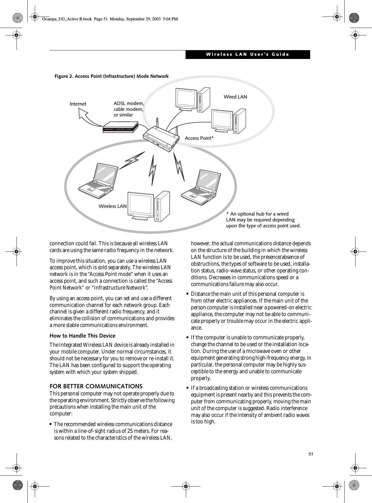 51Wireless LAN User’s Guideconnection could fail. This is because all wireless LAN cards are using the same radio frequency in the network.To improve this situation, you can use a wireless LAN access point, which is sold separately. The wireless LAN network is in the “Access Point mode” when it uses an access point, and such a connection is called the “Access Point Network” or “Infrastructure Network”. By using an access point, you can set and use a different communication channel for each network group. Each channel is given a different radio frequency, and it eliminates the collision of communications and provides a more stable communications environment. How to Handle This DeviceThe Integrated Wireless LAN device is already installed in your mobile computer. Under normal circumstances, it should not be necessary for you to remove or re-install it. The LAN has been configured to support the operating system with which your system shipped.FOR BETTER COMMUNICATIONSThis personal computer may not operate properly due to the operating environment. Strictly observe the following precautions when installing the main unit of the computer:■The recommended wireless communications distance is within a line-of-sight radius of 25 meters. For rea-sons related to the characteristics of the wireless LAN, however, the actual communications distance depends on the structure of the building in which the wireless LAN function is to be used, the presence/absence of obstructions, the types of software to be used, installa-tion status, radio-wave status, or other operating con-ditions. Decreases in communications speed or a communications failure may also occur.■Distance the main unit of this personal computer is from other electric appliances. If the main unit of the person computer is installed near a powered-on electric appliance, the computer may not be able to communi-cate properly or trouble may occur in the electric appli-ance.■If the computer is unable to communicate properly, change the channel to be used or the installation loca-tion. During the use of a microwave oven or other equipment generating strong high-frequency energy, in particular, the personal computer may be highly sus-ceptible to the energy and unable to communicate properly.■If a broadcasting station or wireless communications equipment is present nearby and this prevents the com-puter from communicating properly, moving the main unit of the computer is suggested. Radio interference may also occur if the intensity of ambient radio waves is too high.Figure 2. Access Point (Infrastructure) Mode NetworkInternet ADSL modem,cable modem,or similarWired LANWireless LANAccess Point** An optional hub for a wiredLAN may be required depending upon the type of access point used.Ocampa_UG_Active B.book  Page 51  Monday, September 29, 2003  5:04 PM