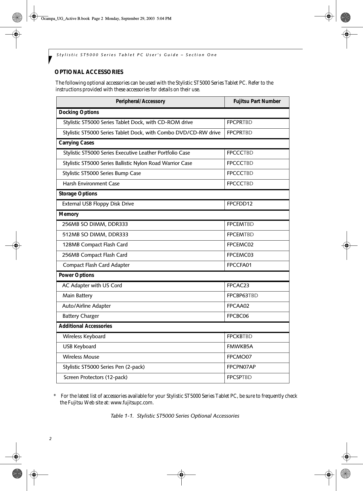 2Stylistic ST5000 Series Tablet PC User’s Guide – Section OneOPTIONAL ACCESSORIESThe following optional accessories can be used with the Stylistic ST5000 Series Tablet PC. Refer to the instructions provided with these accessories for details on their use.*    For the latest list of accessories available for your Stylistic ST5000 Series Tablet PC, be sure to frequently check the Fujitsu Web site at: www.fujitsupc.com.Table 1-1.  Stylistic ST5000 Series Optional AccessoriesPeripheral/Accessory Fujitsu Part NumberDocking OptionsStylistic ST5000 Series Tablet Dock, with CD-ROM drive FPCPRTBDStylistic ST5000 Series Tablet Dock, with Combo DVD/CD-RW drive FPCPRTBDCarrying CasesStylistic ST5000 Series Executive Leather Portfolio Case  FPCCCTBDStylistic ST5000 Series Ballistic Nylon Road Warrior Case  FPCCCTBDStylistic ST5000 Series Bump Case  FPCCCTBDHarsh Environment Case FPCCCTBDStorage OptionsExternal USB Floppy Disk Drive  FPCFDD12Memory256MB SO DIMM, DDR333 FPCEMTBD512MB SO DIMM, DDR333 FPCEMTBD128MB Compact Flash Card FPCEMC02256MB Compact Flash Card FPCEMC03Compact Flash Card Adapter FPCCFA01Power OptionsAC Adapter with US Cord FPCAC23Main Battery FPCBP63TBDAuto/Airline Adapter FPCAA02Battery Charger FPCBC06Additional AccessoriesWireless Keyboard  FPCKBTBDUSB Keyboard  FMWKB5AWireless Mouse FPCMO07 Stylistic ST5000 Series Pen (2-pack) FPCPN07APScreen Protectors (12-pack) FPCSPTBDOcampa_UG_Active B.book  Page 2  Monday, September 29, 2003  5:04 PM