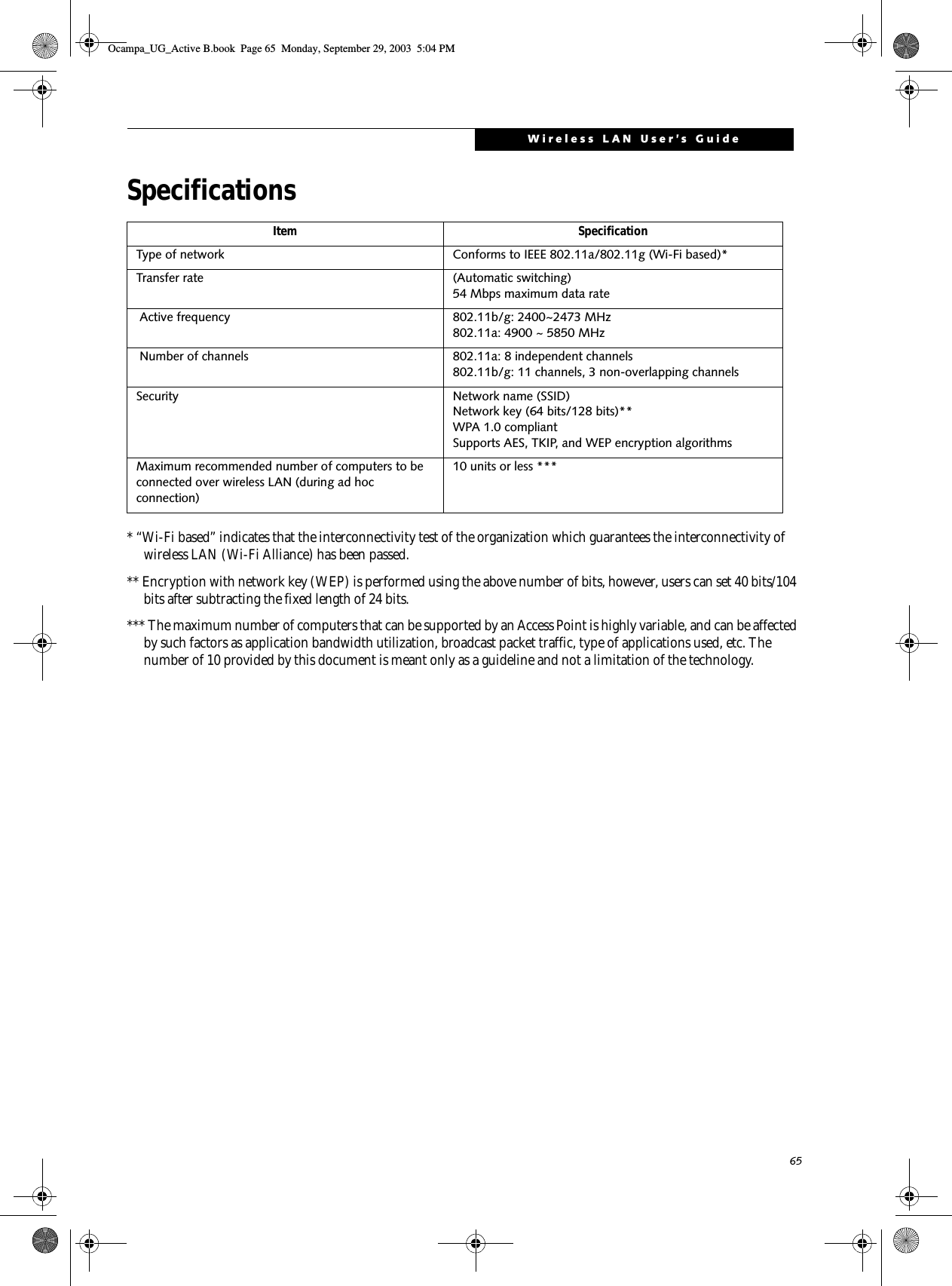 65Wireless LAN User’s GuideSpecifications* “Wi-Fi based” indicates that the interconnectivity test of the organization which guarantees the interconnectivity of wireless LAN (Wi-Fi Alliance) has been passed.** Encryption with network key (WEP) is performed using the above number of bits, however, users can set 40 bits/104 bits after subtracting the fixed length of 24 bits.*** The maximum number of computers that can be supported by an Access Point is highly variable, and can be affected by such factors as application bandwidth utilization, broadcast packet traffic, type of applications used, etc. The number of 10 provided by this document is meant only as a guideline and not a limitation of the technology.Item SpecificationType of network  Conforms to IEEE 802.11a/802.11g (Wi-Fi based)*Transfer rate (Automatic switching)54 Mbps maximum data rate  Active frequency 802.11b/g: 2400~2473 MHz 802.11a: 4900 ~ 5850 MHz Number of channels 802.11a: 8 independent channels802.11b/g: 11 channels, 3 non-overlapping channels Security  Network name (SSID)Network key (64 bits/128 bits)**WPA 1.0 compliant Supports AES, TKIP, and WEP encryption algorithmsMaximum recommended number of computers to be connected over wireless LAN (during ad hoc connection)10 units or less ***Ocampa_UG_Active B.book  Page 65  Monday, September 29, 2003  5:04 PM