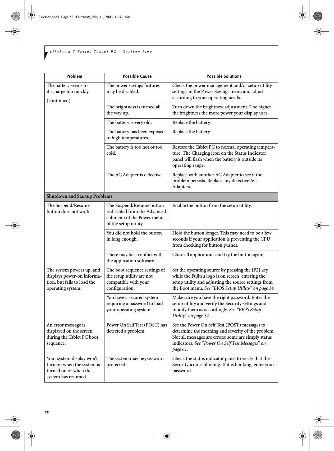 58LifeBook T Series Tablet PC - Section FiveThe battery seems to discharge too quickly.(continued)The power savings features may be disabled.Check the power management and/or setup utility settings in the Power Savings menu and adjust according to your operating needs.The brightness is turned all the way up.Turn down the brightness adjustment. The higher the brightness the more power your display uses.The battery is very old. Replace the battery.The battery has been exposed to high temperatures.Replace the battery.The battery is too hot or too cold. Restore the Tablet PC to normal operating tempera-ture. The Charging icon on the Status Indicator panel will flash when the battery is outside itsoperating range.The AC Adapter is defective. Replace with another AC Adapter to see if the problem persists. Replace any defective AC Adapters.Shutdown and Startup ProblemsThe Suspend/Resume button does not work.The Suspend/Resume button is disabled from the Advanced submenu of the Power menu of the setup utility. Enable the button from the setup utility.You did not hold the button in long enough.Hold the button longer. This may need to be a few seconds if your application is preventing the CPU from checking for button pushes.There may be a conflict with the application software.Close all applications and try the button again.The system powers up, and displays power-on informa-tion, but fails to load the operating system.The boot sequence settings of the setup utility are not compatible with your configuration.Set the operating source by pressing the [F2] key while the Fujitsu logo is on screen, entering the setup utility and adjusting the source settings from the Boot menu. See “BIOS Setup Utility” on page 34.You have a secured system requiring a password to load your operating system.Make sure you have the right password. Enter the setup utility and verify the Security settings and modify them as accordingly. See “BIOS Setup Utility” on page 34.An error message is displayed on the screen during the Tablet PC boot sequence.Power On Self Test (POST) has detected a problem.See the Power On Self Test (POST) messages to determine the meaning and severity of the problem. Not all messages are errors; some are simply status indicators. See “Power On Self Test Messages” on page 61.Your system display won’t turn on when the system is turned on or when the system has resumed.The system may be password-protected.Check the status indicator panel to verify that the Security icon is blinking. If it is blinking, enter your password.Problem Possible Cause Possible SolutionsT Series.book  Page 58  Thursday, July 31, 2003  10:49 AM