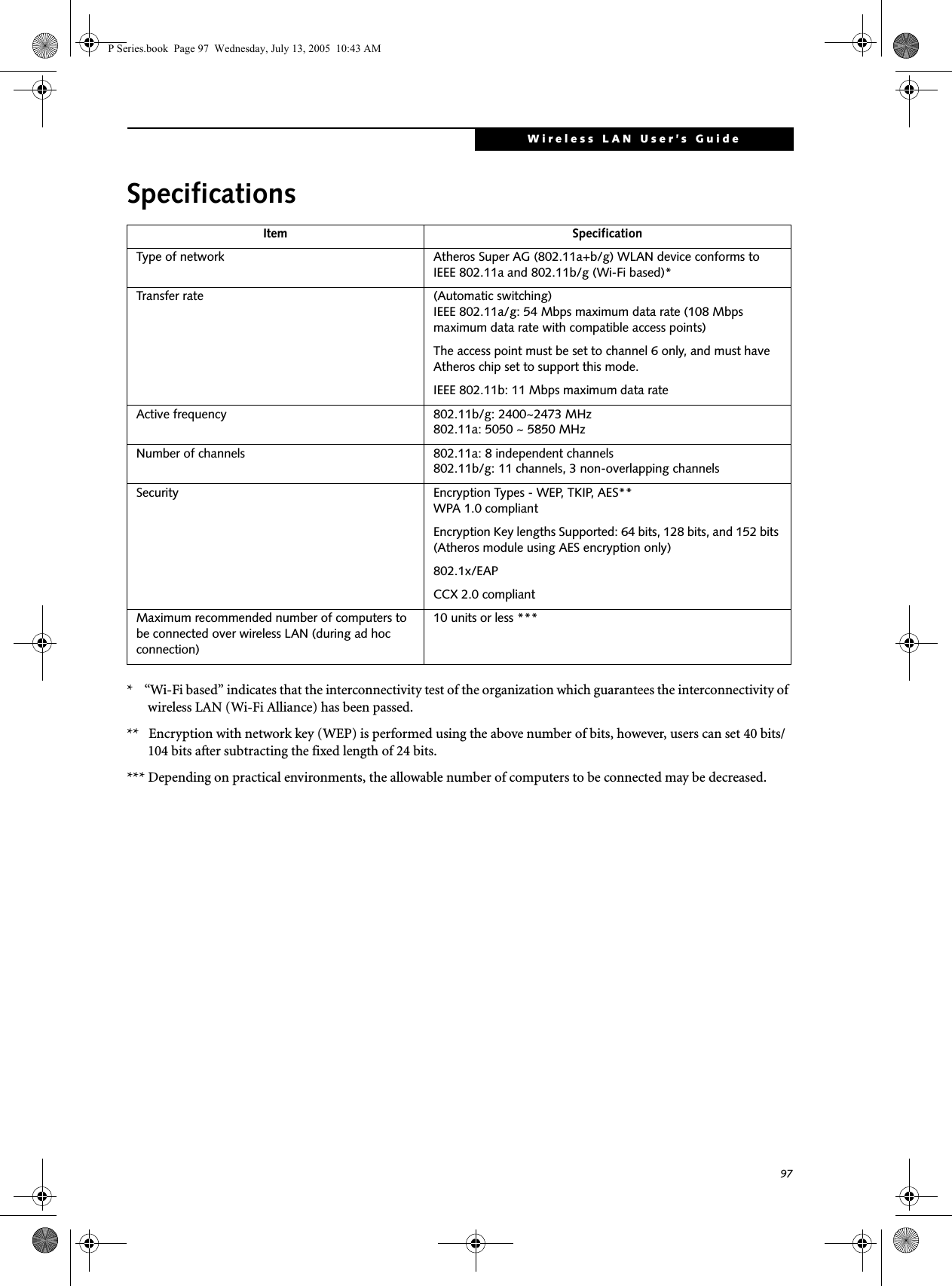 97Wireless LAN User’s Guide Specifications*    “Wi-Fi based” indicates that the interconnectivity test of the organization which guarantees the interconnectivity of wireless LAN (Wi-Fi Alliance) has been passed.**   Encryption with network key (WEP) is performed using the above number of bits, however, users can set 40 bits/104 bits after subtracting the fixed length of 24 bits.*** Depending on practical environments, the allowable number of computers to be connected may be decreased.Item SpecificationType of network  Atheros Super AG (802.11a+b/g) WLAN device conforms to IEEE 802.11a and 802.11b/g (Wi-Fi based)*Transfer rate (Automatic switching)IEEE 802.11a/g: 54 Mbps maximum data rate (108 Mbps maximum data rate with compatible access points)The access point must be set to channel 6 only, and must have Atheros chip set to support this mode.IEEE 802.11b: 11 Mbps maximum data rateActive frequency 802.11b/g: 2400~2473 MHz 802.11a: 5050 ~ 5850 MHzNumber of channels 802.11a: 8 independent channels802.11b/g: 11 channels, 3 non-overlapping channels Security  Encryption Types - WEP, TKIP, AES**WPA 1.0 compliant Encryption Key lengths Supported: 64 bits, 128 bits, and 152 bits (Atheros module using AES encryption only)802.1x/EAPCCX 2.0 compliantMaximum recommended number of computers to be connected over wireless LAN (during ad hoc connection)10 units or less ***P Series.book  Page 97  Wednesday, July 13, 2005  10:43 AM