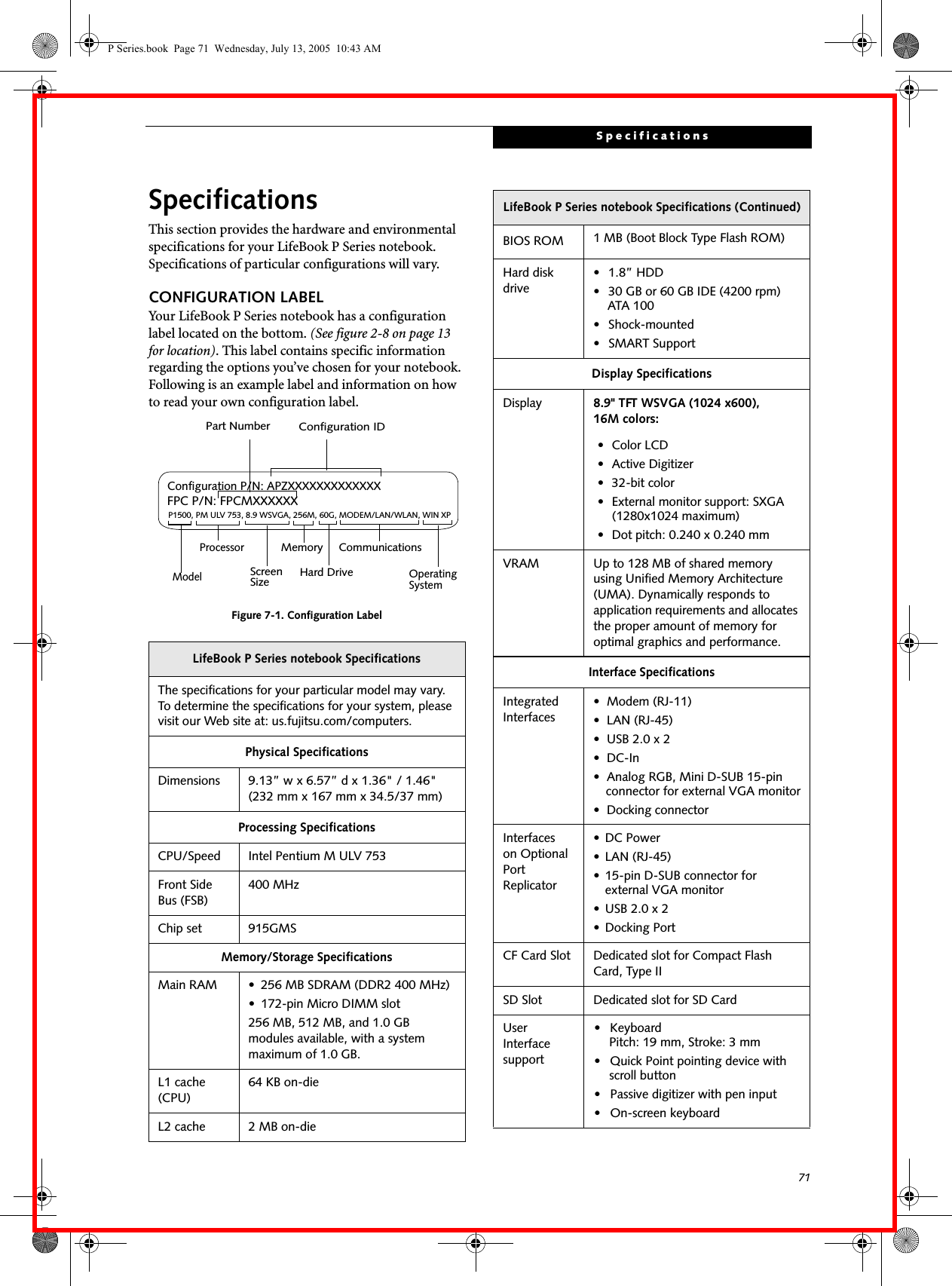 71SpecificationsSpecificationsThis section provides the hardware and environmental specifications for your LifeBook P Series notebook. Specifications of particular configurations will vary.CONFIGURATION LABELYour LifeBook P Series notebook has a configuration label located on the bottom. (See figure 2-8 on page 13 for location). This label contains specific information regarding the options you’ve chosen for your notebook. Following is an example label and information on how to read your own configuration label.Figure 7-1. Configuration LabelLifeBook P Series notebook SpecificationsThe specifications for your particular model may vary. To determine the specifications for your system, please visit our Web site at: us.fujitsu.com/computers.Physical SpecificationsDimensions 9.13” w x 6.57” d x 1.36&quot; / 1.46&quot; (232 mm x 167 mm x 34.5/37 mm)Processing SpecificationsCPU/Speed Intel Pentium M ULV 753Front Side Bus (FSB)400 MHzChip set 915GMSMemory/Storage SpecificationsMain RAM • 256 MB SDRAM (DDR2 400 MHz)• 172-pin Micro DIMM slot256 MB, 512 MB, and 1.0 GB modules available, with a system maximum of 1.0 GB.L1 cache (CPU)64 KB on-die L2 cache 2 MB on-die P1500, PM ULV 753, 8.9 WSVGA, 256M, 60G, MODEM/LAN/WLAN, WIN XPConfiguration P/N: APZXXXXXXXXXXXXXFPC P/N: FPCMXXXXXXModelProcessorScreenSizeOperatingSystemHard Drive Part NumberConfiguration IDMemory CommunicationsBIOS ROM 1 MB (Boot Block Type Flash ROM)Hard disk drive• 1.8” HDD• 30 GB or 60 GB IDE (4200 rpm)ATA 100• Shock-mounted• SMART SupportDisplay SpecificationsDisplay 8.9&quot; TFT WSVGA (1024 x600), 16M colors:• Color LCD• Active Digitizer• 32-bit color• External monitor support: SXGA (1280x1024 maximum)• Dot pitch: 0.240 x 0.240 mmVRAM Up to 128 MB of shared memory using Unified Memory Architecture (UMA). Dynamically responds to application requirements and allocates the proper amount of memory for optimal graphics and performance. Interface SpecificationsIntegrated Interfaces• Modem (RJ-11)• LAN (RJ-45)• USB 2.0 x 2•DC-In• Analog RGB, Mini D-SUB 15-pin connector for external VGA monitor• Docking connectorInterfaceson Optional Port Replicator • DC Power• LAN (RJ-45)• 15-pin D-SUB connector for external VGA monitor• USB 2.0 x 2• Docking PortCF Card Slot Dedicated slot for Compact Flash Card, Type IISD Slot Dedicated slot for SD CardUser Interface support• Keyboard Pitch: 19 mm, Stroke: 3 mm• Quick Point pointing device with scroll button• Passive digitizer with pen input• On-screen keyboardLifeBook P Series notebook Specifications (Continued)P Series.book  Page 71  Wednesday, July 13, 2005  10:43 AM
