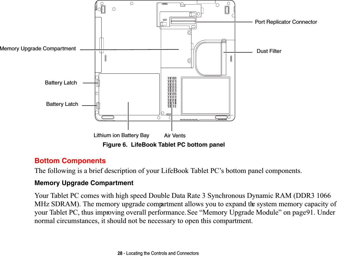 28 - Locating the Controls and ConnectorsFigure 6.  LifeBook Tablet PC bottom panelBottom Components7KHIROORZLQJLVDEULHIGHVFULSWLRQRI\RXU/LIH%RRN7DEOHW3&amp;¶VERWWRPSDQHOFRPSRQHQWVMemory Upgrade Compartment&lt;RXU7DEOHW3&amp;FRPHVZLWKKLJKVSHHG&apos;RXEOH&apos;DWD5DWH6\QFKURQRXV&apos;\QDPLF5$0&apos;&apos;50+]6&apos;5$07KHPHPRU\XSJUDGHFRPSDUWPHQWDOORZV\RXWRH[SDQGWKHV\VWHPPHPRU\FDSDFLW\RI\RXU7DEOHW3&amp;WKXVLPSURYLQJRYHUDOOSHUIRUPDQFH6HH³0HPRU\8SJUDGH0RGXOH´RQSDJH8QGHUQRUPDOFLUFXPVWDQFHVLWVKRXOGQRWEHQHFHVVDU\WRRSHQWKLVFRPSDUWPHQWMemory Upgrade CompartmentLithium ion Battery BayPort Replicator ConnectorAir VentsBattery LatchBattery LatchDust Filter