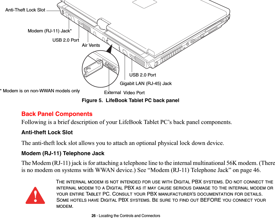 26 - Locating the Controls and ConnectorsFigure 5.  LifeBook Tablet PC back panelBack Panel ComponentsFollowing is a brief description of your LifeBook Tablet PC’s back panel components. Anti-theft Lock SlotThe anti-theft lock slot allows you to attach an optional physical lock down device.Modem (RJ-11) Telephone JackThe Modem (RJ-11) jack is for attaching a telephone line to the internal multinational 56K modem. (There is no modem on systems with WWAN device.) See “Modem (RJ-11) Telephone Jack” on page 46.Gigabit LAN USB 2.0 Port Air VentsExternalAnti-Theft Lock SlotModem (RJ-11) Jack*(RJ-45) Jack Video PortUSB 2.0 Port* Modem is on non-WWAN models onlyTHE INTERNAL MODEM IS NOT INTENDED FOR USE WITH DIGITAL PBX SYSTEMS. DO NOT CONNECT THEINTERNAL MODEM TO A DIGITAL PBX AS IT MAY CAUSE SERIOUS DAMAGE TO THE INTERNAL MODEM ORYOUR ENTIRE TABLET PC. CONSULT YOUR PBX MANUFACTURER’S DOCUMENTATION FOR DETAILS.SOME HOTELS HAVE DIGITAL PBX SYSTEMS. BE SURE TO FIND OUT BEFORE YOU CONNECT YOURMODEM.