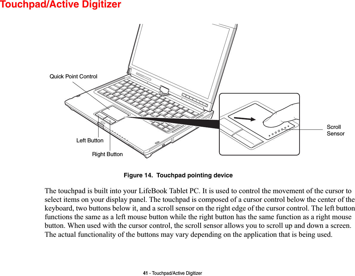 41 - Touchpad/Active DigitizerTouchpad/Active DigitizerFigure 14.  Touchpad pointing deviceThe touchpad is built into your LifeBook Tablet PC. It is used to control the movement of the cursor to select items on your display panel. The touchpad is composed of a cursor control below the center of the keyboard, two buttons below it, and a scroll sensor on the right edge of the cursor control. The left button functions the same as a left mouse button while the right button has the same function as a right mouse button. When used with the cursor control, the scroll sensor allows you to scroll up and down a screen. The actual functionality of the buttons may vary depending on the application that is being used.Left ButtonRight ButtonQuick Point ControlScrollSensor