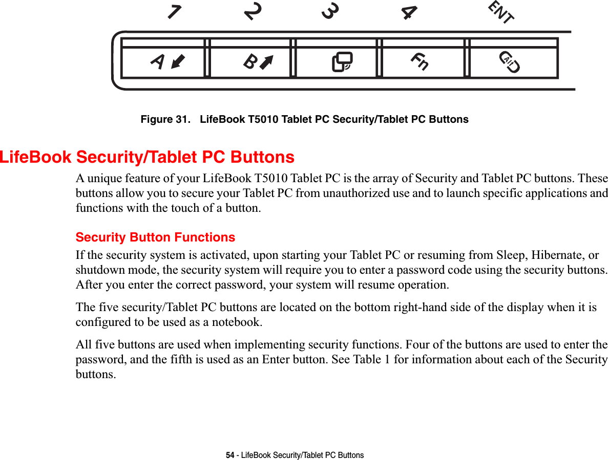 54 - LifeBook Security/Tablet PC ButtonsFigure 31.   LifeBook T5010 Tablet PC Security/Tablet PC Buttons LifeBook Security/Tablet PC ButtonsA unique feature of your LifeBook T5010 Tablet PC is the array of Security and Tablet PC buttons. These buttons allow you to secure your Tablet PC from unauthorized use and to launch specific applications and functions with the touch of a button. Security Button FunctionsIf the security system is activated, upon starting your Tablet PC or resuming from Sleep, Hibernate, or shutdown mode, the security system will require you to enter a password code using the security buttons. After you enter the correct password, your system will resume operation. The five security/Tablet PC buttons are located on the bottom right-hand side of the display when it is configured to be used as a notebook. All five buttons are used when implementing security functions. Four of the buttons are used to enter the password, and the fifth is used as an Enter button. See Table 1 for information about each of the Security buttons.1234ENTBnA