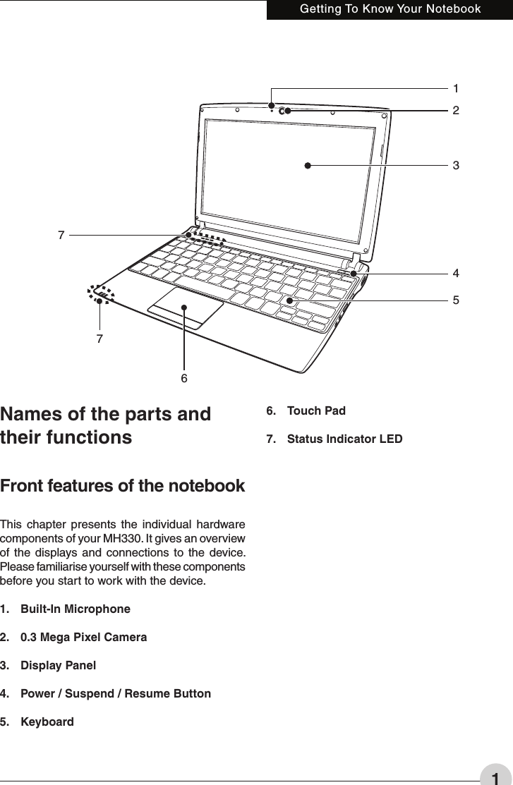 1Getting To Know Your NotebookNames of the parts and their functionsFront features of the notebookThis  chapter  presents  the  individual  hardware components of your MH330. It gives an overview of  the displays and  connections  to  the device. Please familiarise yourself with these components before you start to work with the device.1.  Built-In Microphone2.  0.3 Mega Pixel Camera3.  Display Panel4.  Power / Suspend / Resume Button5.  Keyboard6.  Touch Pad7.  Status Indicator LED45321767