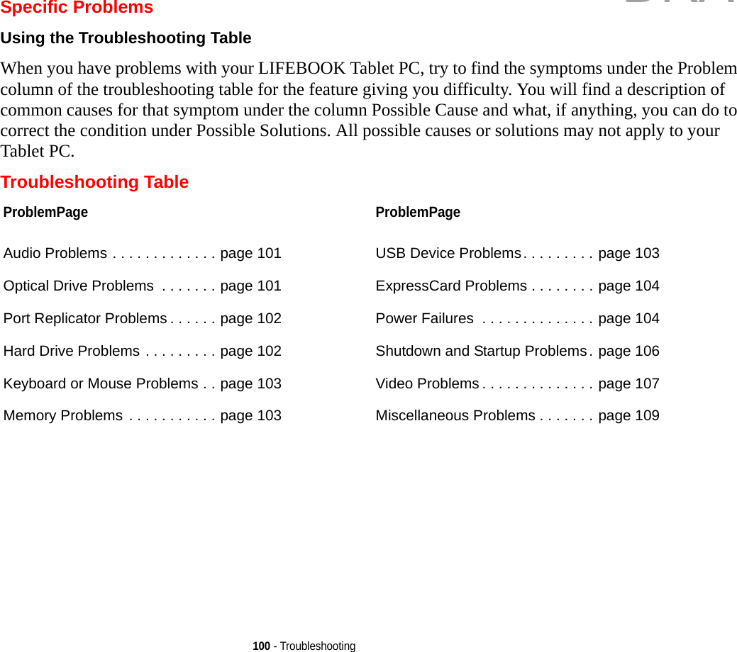 100 - TroubleshootingSpecific ProblemsUsing the Troubleshooting Table When you have problems with your LIFEBOOK Tablet PC, try to find the symptoms under the Problem column of the troubleshooting table for the feature giving you difficulty. You will find a description of common causes for that symptom under the column Possible Cause and what, if anything, you can do to correct the condition under Possible Solutions. All possible causes or solutions may not apply to your Tablet PC.Troubleshooting TableProblemPageAudio Problems . . . . . . . . . . . . . page 101Optical Drive Problems  . . . . . . . page 101Port Replicator Problems . . . . . . page 102Hard Drive Problems . . . . . . . . . page 102Keyboard or Mouse Problems . . page 103Memory Problems . . . . . . . . . . . page 103ProblemPageUSB Device Problems. . . . . . . . . page 103ExpressCard Problems . . . . . . . . page 104Power Failures  . . . . . . . . . . . . . . page 104Shutdown and Startup Problems. page 106Video Problems . . . . . . . . . . . . . . page 107Miscellaneous Problems . . . . . . . page 109DRAFT