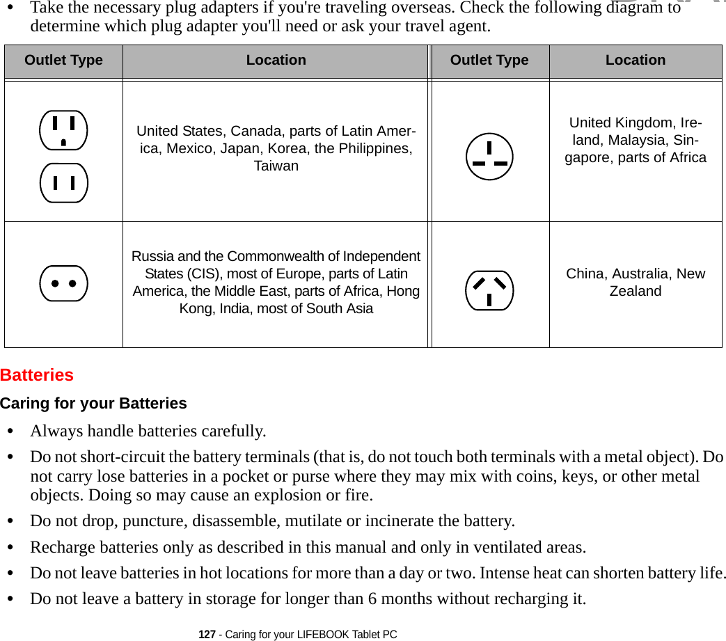 127 - Caring for your LIFEBOOK Tablet PC•Take the necessary plug adapters if you&apos;re traveling overseas. Check the following diagram to determine which plug adapter you&apos;ll need or ask your travel agent.BatteriesCaring for your Batteries •Always handle batteries carefully.•Do not short-circuit the battery terminals (that is, do not touch both terminals with a metal object). Do not carry lose batteries in a pocket or purse where they may mix with coins, keys, or other metal objects. Doing so may cause an explosion or fire.•Do not drop, puncture, disassemble, mutilate or incinerate the battery.•Recharge batteries only as described in this manual and only in ventilated areas.•Do not leave batteries in hot locations for more than a day or two. Intense heat can shorten battery life.•Do not leave a battery in storage for longer than 6 months without recharging it.Outlet Type Location Outlet Type LocationUnited States, Canada, parts of Latin Amer-ica, Mexico, Japan, Korea, the Philippines, TaiwanUnited Kingdom, Ire-land, Malaysia, Sin-gapore, parts of AfricaRussia and the Commonwealth of Independent States (CIS), most of Europe, parts of Latin America, the Middle East, parts of Africa, Hong Kong, India, most of South AsiaChina, Australia, New ZealandDRAFT