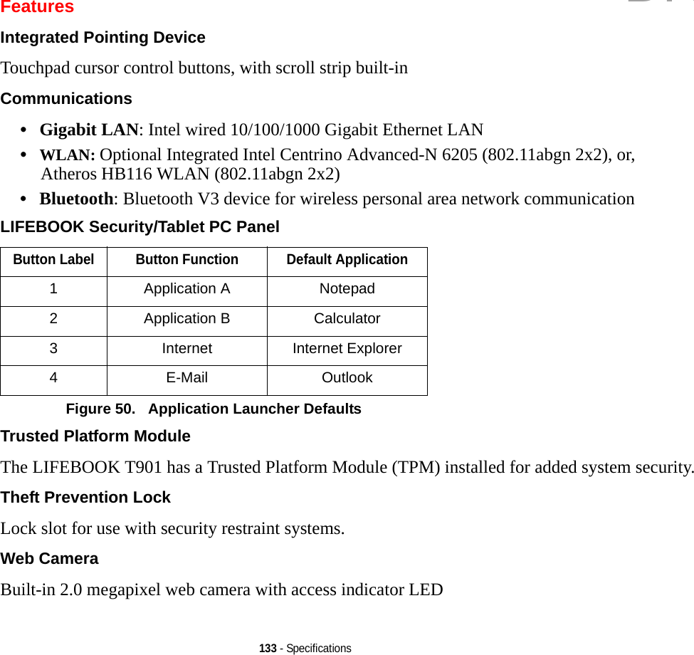 133 - SpecificationsFeaturesIntegrated Pointing Device Touchpad cursor control buttons, with scroll strip built-inCommunications •Gigabit LAN: Intel wired 10/100/1000 Gigabit Ethernet LAN•WLAN: Optional Integrated Intel Centrino Advanced-N 6205 (802.11abgn 2x2), or, Atheros HB116 WLAN (802.11abgn 2x2)•Bluetooth: Bluetooth V3 device for wireless personal area network communication LIFEBOOK Security/Tablet PC Panel Trusted Platform Module The LIFEBOOK T901 has a Trusted Platform Module (TPM) installed for added system security.Theft Prevention Lock Lock slot for use with security restraint systems.Web Camera Built-in 2.0 megapixel web camera with access indicator LEDButton Label Button Function Default Application1Application A Notepad2Application B Calculator3Internet Internet Explorer4E-Mail OutlookFigure 50.   Application Launcher DefaultsDRAFT