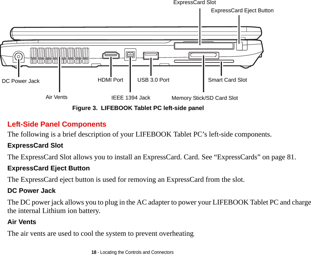 18 - Locating the Controls and ConnectorsFigure 3.  LIFEBOOK Tablet PC left-side panelLeft-Side Panel ComponentsThe following is a brief description of your LIFEBOOK Tablet PC’s left-side components. ExpressCard Slot The ExpressCard Slot allows you to install an ExpressCard. Card. See “ExpressCards” on page 81.ExpressCard Eject Button The ExpressCard eject button is used for removing an ExpressCard from the slot.DC Power Jack The DC power jack allows you to plug in the AC adapter to power your LIFEBOOK Tablet PC and charge the internal Lithium ion battery.Air Vents The air vents are used to cool the system to prevent overheating.Air VentsExpressCard SlotSmart Card SlotExpressCard Eject ButtonDC Power Jack USB 3.0 PortIEEE 1394 Jack Memory Stick/SD Card SlotHDMI PortDRAFT