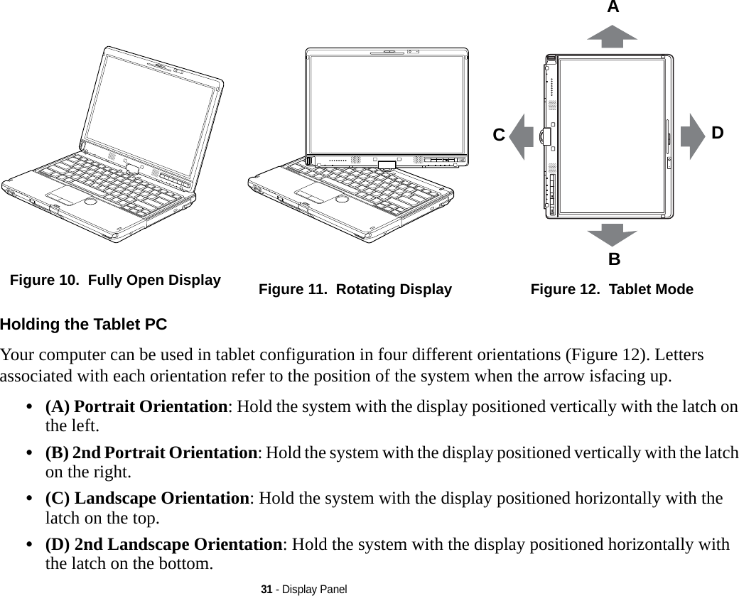 31 - Display PanelHolding the Tablet PC Your computer can be used in tablet configuration in four different orientations (Figure 12). Letters associated with each orientation refer to the position of the system when the arrow isfacing up.•(A) Portrait Orientation: Hold the system with the display positioned vertically with the latch on the left.•(B) 2nd Portrait Orientation: Hold the system with the display positioned vertically with the latch on the right.•(C) Landscape Orientation: Hold the system with the display positioned horizontally with the latch on the top.•(D) 2nd Landscape Orientation: Hold the system with the display positioned horizontally with the latch on the bottom.Figure 10.  Fully Open Display Figure 11.  Rotating Display Figure 12.  Tablet ModeABCDDRAFT