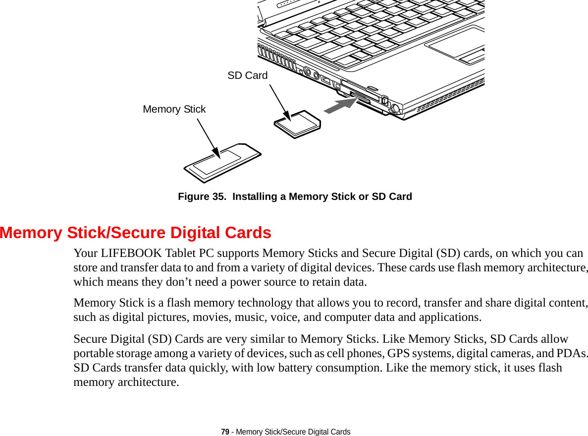 79 - Memory Stick/Secure Digital CardsFigure 35.  Installing a Memory Stick or SD CardMemory Stick/Secure Digital CardsYour LIFEBOOK Tablet PC supports Memory Sticks and Secure Digital (SD) cards, on which you can store and transfer data to and from a variety of digital devices. These cards use flash memory architecture, which means they don’t need a power source to retain data. Memory Stick is a flash memory technology that allows you to record, transfer and share digital content, such as digital pictures, movies, music, voice, and computer data and applications.Secure Digital (SD) Cards are very similar to Memory Sticks. Like Memory Sticks, SD Cards allow portable storage among a variety of devices, such as cell phones, GPS systems, digital cameras, and PDAs. SD Cards transfer data quickly, with low battery consumption. Like the memory stick, it uses flash memory architecture.Memory StickSD CardDRAFT