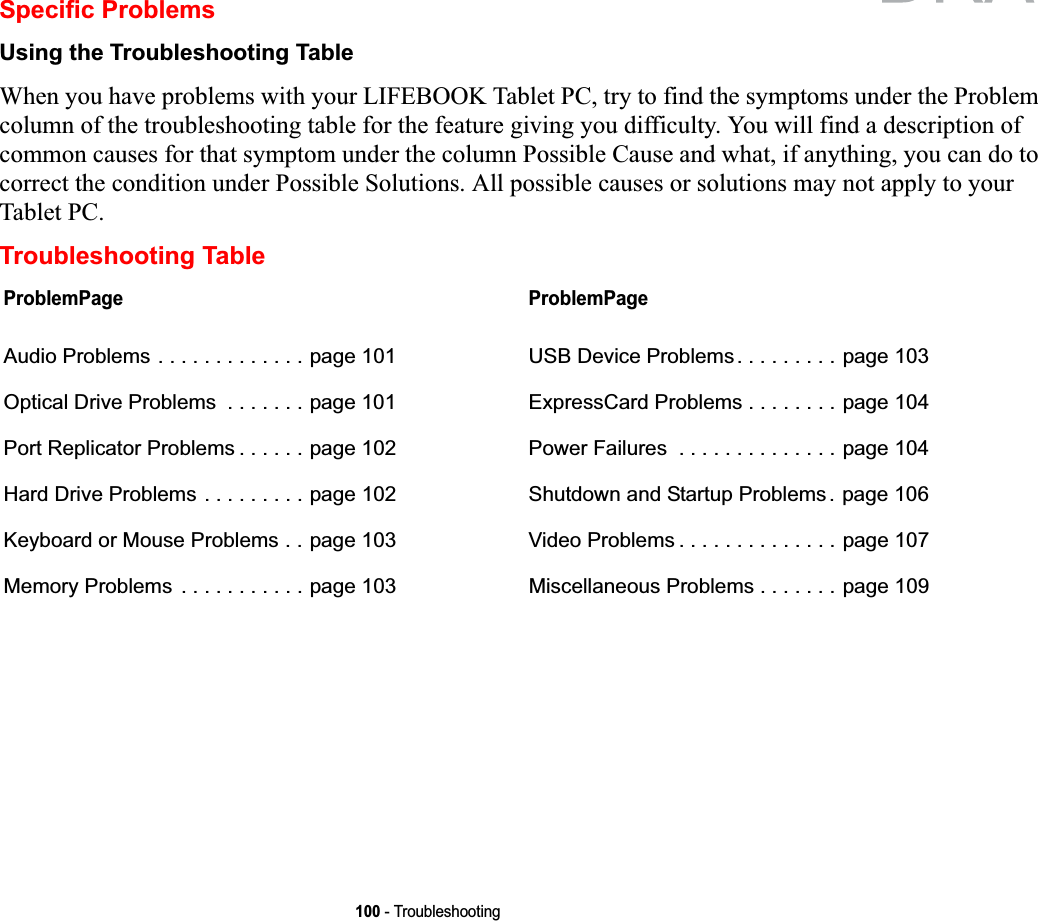 100 - TroubleshootingSpecific ProblemsUsing the Troubleshooting TableWhen you have problems with your LIFEBOOK Tablet PC, try to find the symptoms under the Problem column of the troubleshooting table for the feature giving you difficulty. You will find a description of common causes for that symptom under the column Possible Cause and what, if anything, you can do to correct the condition under Possible Solutions. All possible causes or solutions may not apply to your Tablet PC.Troubleshooting TableProblemPageAudio Problems . . . . . . . . . . . . . page 101Optical Drive Problems  . . . . . . . page 101Port Replicator Problems . . . . . . page 102Hard Drive Problems . . . . . . . . . page 102Keyboard or Mouse Problems . . page 103Memory Problems  . . . . . . . . . . . page 103ProblemPageUSB Device Problems. . . . . . . . . page 103ExpressCard Problems . . . . . . . . page 104Power Failures  . . . . . . . . . . . . . . page 104Shutdown and Startup Problems. page 106Video Problems . . . . . . . . . . . . . . page 107Miscellaneous Problems . . . . . . . page 109
