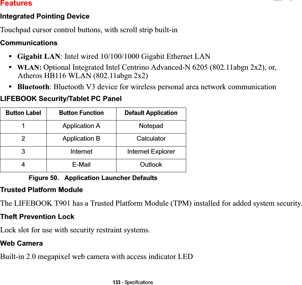 133 - SpecificationsFeaturesIntegrated Pointing DeviceTouchpad cursor control buttons, with scroll strip built-inCommunications•Gigabit LAN: Intel wired 10/100/1000 Gigabit Ethernet LAN•WLAN: Optional Integrated Intel Centrino Advanced-N 6205 (802.11abgn 2x2), or, Atheros HB116 WLAN (802.11abgn 2x2)•Bluetooth: Bluetooth V3 device for wireless personal area network communication LIFEBOOK Security/Tablet PC PanelTrusted Platform ModuleThe LIFEBOOK T901 has a Trusted Platform Module (TPM) installed for added system security.Theft Prevention LockLock slot for use with security restraint systems.Web CameraBuilt-in 2.0 megapixel web camera with access indicator LEDButton Label Button Function Default Application1 Application A Notepad2 Application B Calculator3 Internet Internet Explorer4 E-Mail OutlookFigure 50.   Application Launcher DefaultsDRAFT