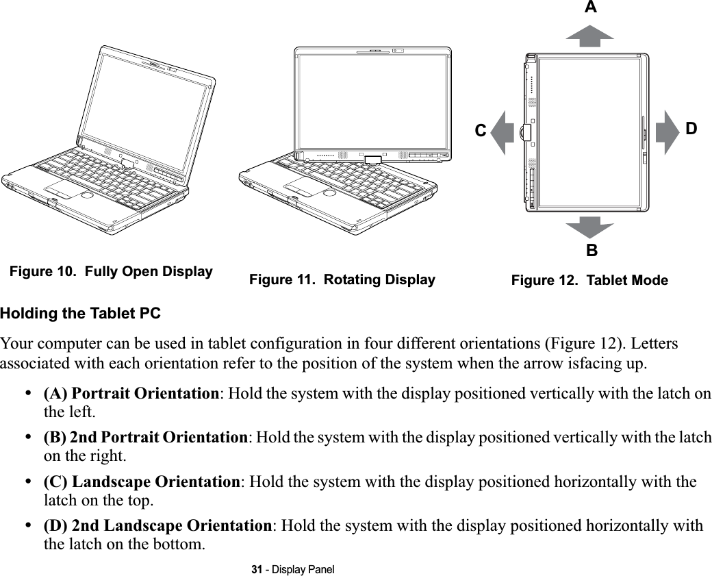 31 - Display PanelHolding the Tablet PCYour computer can be used in tablet configuration in four different orientations (Figure 12). Letters associated with each orientation refer to the position of the system when the arrow isfacing up.•(A) Portrait Orientation: Hold the system with the display positioned vertically with the latch on the left.•(B) 2nd Portrait Orientation: Hold the system with the display positioned vertically with the latch on the right.•(C) Landscape Orientation: Hold the system with the display positioned horizontally with the latch on the top.•(D) 2nd Landscape Orientation: Hold the system with the display positioned horizontally with the latch on the bottom.Figure 10.  Fully Open Display Figure 11.  Rotating Display Figure 12.  Tablet ModeABCDDRAFT