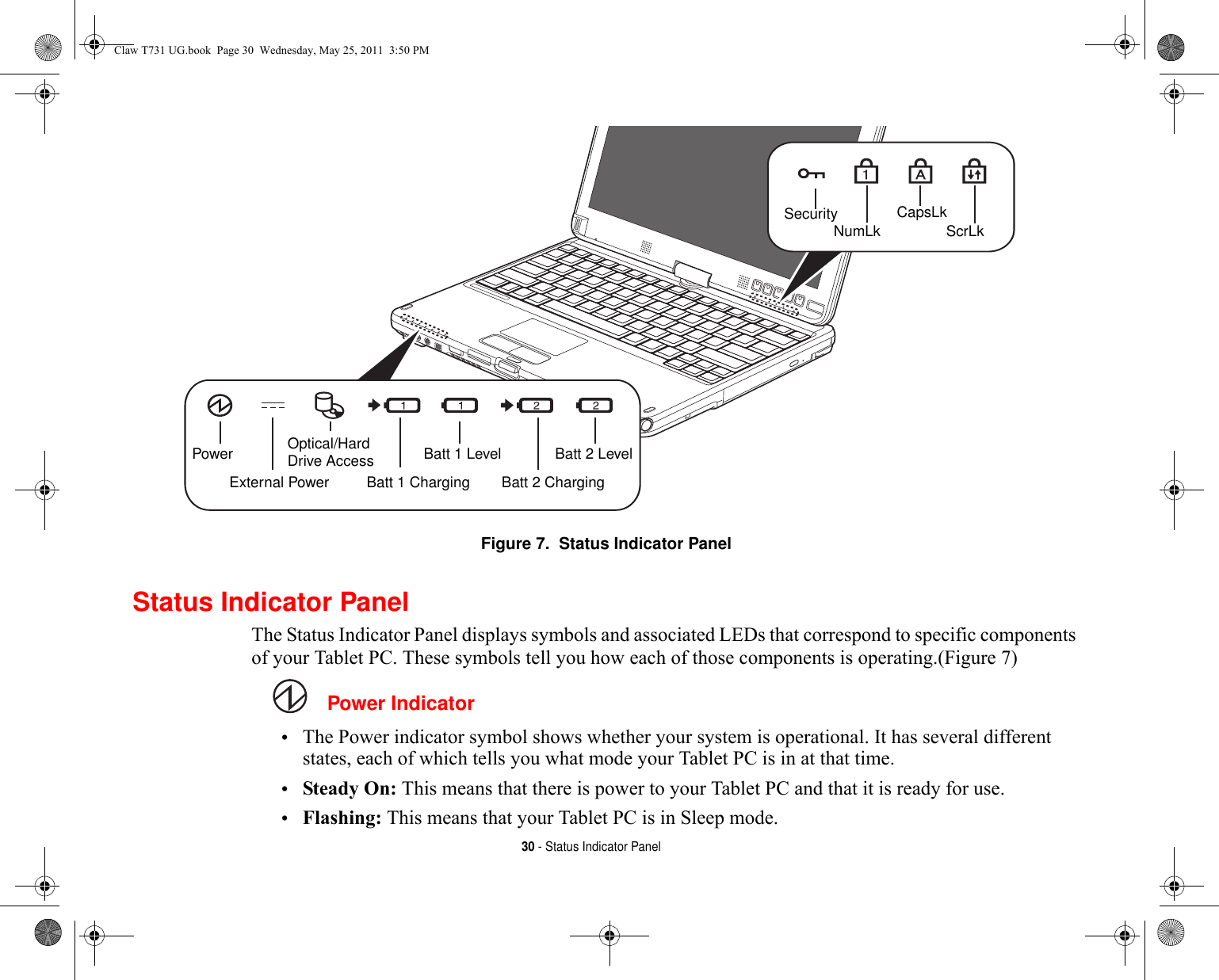 30 - Status Indicator PanelFigure 7.  Status Indicator PanelStatus Indicator PanelThe Status Indicator Panel displays symbols and associated LEDs that correspond to specific components of your Tablet PC. These symbols tell you how each of those components is operating.(Figure 7) Power Indicator•The Power indicator symbol shows whether your system is operational. It has several different states, each of which tells you what mode your Tablet PC is in at that time.•Steady On: This means that there is power to your Tablet PC and that it is ready for use.•Flashing: This means that your Tablet PC is in Sleep mode.PowerExternal PowerOptical/HardDrive AccessBatt 1 ChargingBatt 1 LevelBatt 2 ChargingBatt 2 LevelSecurityNumLkCapsLkScrLkClaw T731 UG.book  Page 30  Wednesday, May 25, 2011  3:50 PM