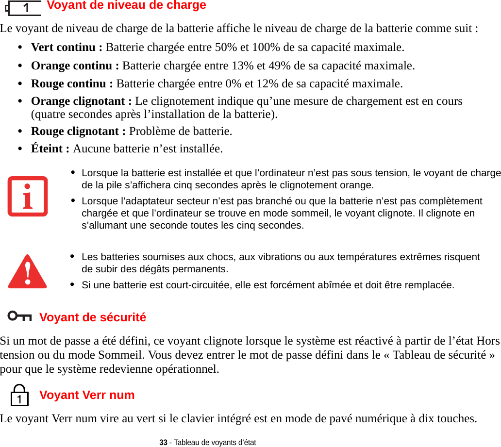 133 - Tableau de voyants d’étatVoyant de niveau de chargeLe voyant de niveau de charge de la batterie affiche le niveau de charge de la batterie comme suit :•Vert continu : Batterie chargée entre 50% et 100% de sa capacité maximale.•Orange continu : Batterie chargée entre 13% et 49% de sa capacité maximale.•Rouge continu : Batterie chargée entre 0% et 12% de sa capacité maximale.•Orange clignotant : Le clignotement indique qu’une mesure de chargement est en cours (quatre secondes après l’installation de la batterie).•Rouge clignotant : Problème de batterie.•Éteint : Aucune batterie n’est installée.Voyant de sécuritéSi un mot de passe a été défini, ce voyant clignote lorsque le système est réactivé à partir de l’état Hors tension ou du mode Sommeil. Vous devez entrer le mot de passe défini dans le « Tableau de sécurité » pour que le système redevienne opérationnel.Voyant Verr numLe voyant Verr num vire au vert si le clavier intégré est en mode de pavé numérique à dix touches. •Lorsque la batterie est installée et que l’ordinateur n’est pas sous tension, le voyant de charge de la pile s’affichera cinq secondes après le clignotement orange.•Lorsque l’adaptateur secteur n’est pas branché ou que la batterie n’est pas complètement chargée et que l’ordinateur se trouve en mode sommeil, le voyant clignote. Il clignote en s’allumant une seconde toutes les cinq secondes. •Les batteries soumises aux chocs, aux vibrations ou aux températures extrêmes risquent de subir des dégâts permanents.•Si une batterie est court-circuitée, elle est forcément abîmée et doit être remplacée.