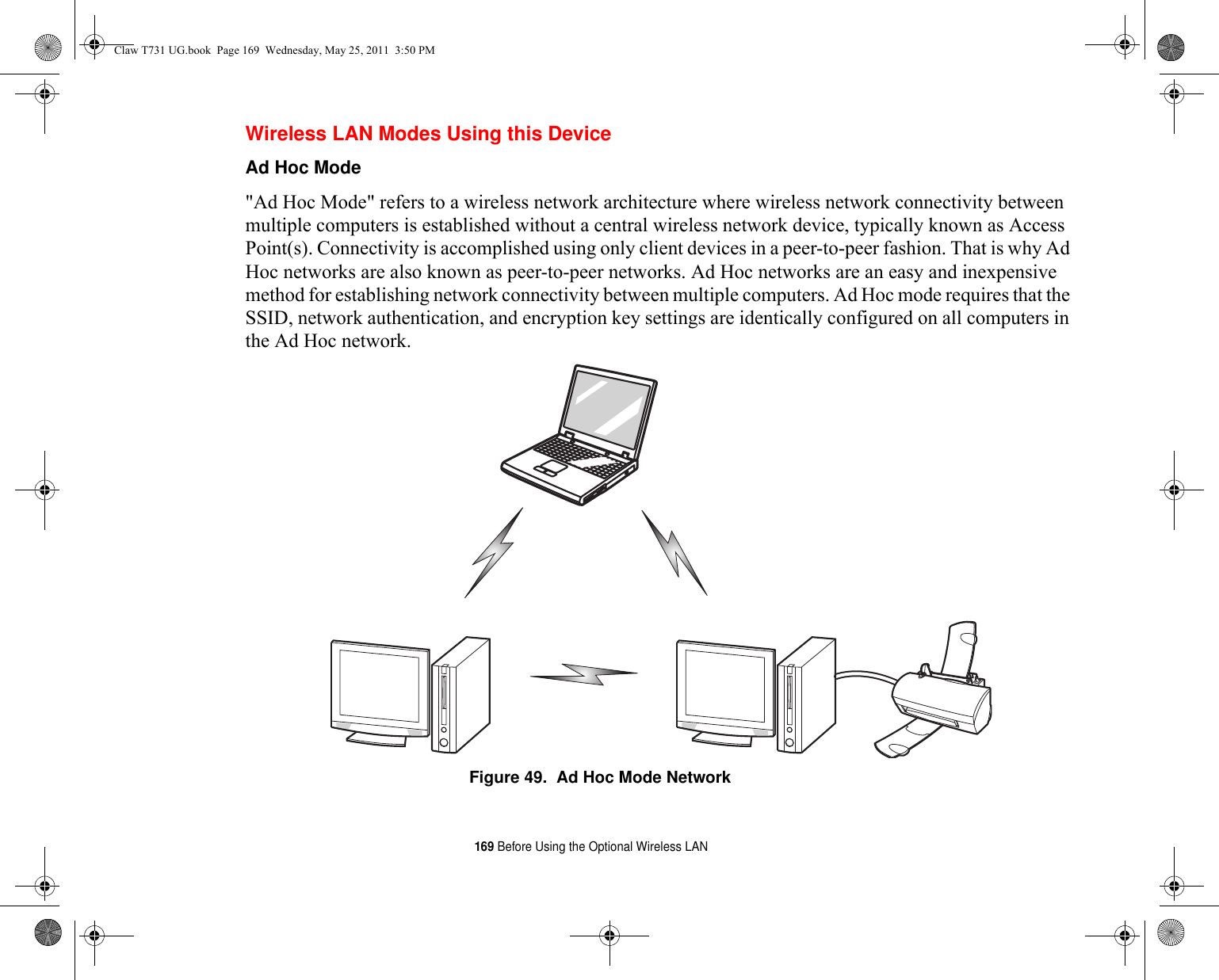 169 Before Using the Optional Wireless LANWireless LAN Modes Using this DeviceAd Hoc Mode &quot;Ad Hoc Mode&quot; refers to a wireless network architecture where wireless network connectivity between multiple computers is established without a central wireless network device, typically known as Access Point(s). Connectivity is accomplished using only client devices in a peer-to-peer fashion. That is why Ad Hoc networks are also known as peer-to-peer networks. Ad Hoc networks are an easy and inexpensive method for establishing network connectivity between multiple computers. Ad Hoc mode requires that the SSID, network authentication, and encryption key settings are identically configured on all computers in the Ad Hoc network.Figure 49.  Ad Hoc Mode NetworkClaw T731 UG.book  Page 169  Wednesday, May 25, 2011  3:50 PM