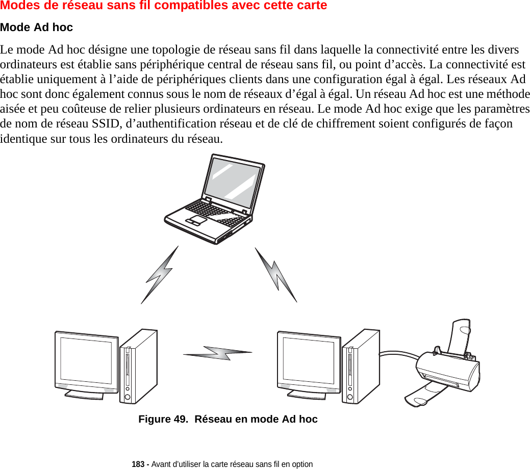 183 - Avant d’utiliser la carte réseau sans fil en optionModes de réseau sans fil compatibles avec cette carteMode Ad hoc Le mode Ad hoc désigne une topologie de réseau sans fil dans laquelle la connectivité entre les divers ordinateurs est établie sans périphérique central de réseau sans fil, ou point d’accès. La connectivité est établie uniquement à l’aide de périphériques clients dans une configuration égal à égal. Les réseaux Ad hoc sont donc également connus sous le nom de réseaux d’égal à égal. Un réseau Ad hoc est une méthode aisée et peu coûteuse de relier plusieurs ordinateurs en réseau. Le mode Ad hoc exige que les paramètres de nom de réseau SSID, d’authentification réseau et de clé de chiffrement soient configurés de façon identique sur tous les ordinateurs du réseau.Figure 49.  Réseau en mode Ad hoc