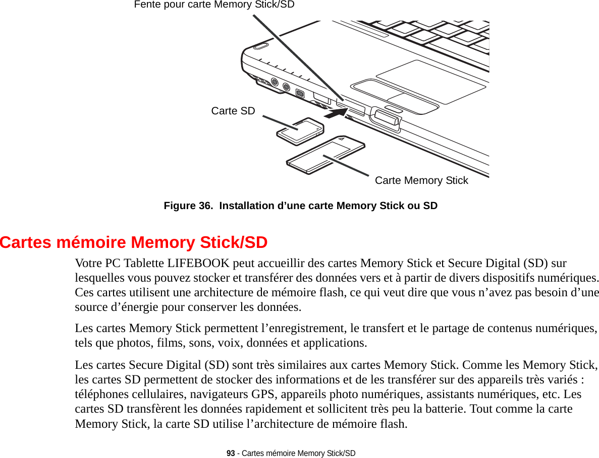Carte Memory StickCarte SDFente pour carte Memory Stick/SD93 - Cartes mémoire Memory Stick/SDFigure 36.  Installation d’une carte Memory Stick ou SDCartes mémoire Memory Stick/SDVotre PC Tablette LIFEBOOK peut accueillir des cartes Memory Stick et Secure Digital (SD) sur lesquelles vous pouvez stocker et transférer des données vers et à partir de divers dispositifs numériques. Ces cartes utilisent une architecture de mémoire flash, ce qui veut dire que vous n’avez pas besoin d’une source d’énergie pour conserver les données. Les cartes Memory Stick permettent l’enregistrement, le transfert et le partage de contenus numériques, tels que photos, films, sons, voix, données et applications.Les cartes Secure Digital (SD) sont très similaires aux cartes Memory Stick. Comme les Memory Stick, les cartes SD permettent de stocker des informations et de les transférer sur des appareils très variés : téléphones cellulaires, navigateurs GPS, appareils photo numériques, assistants numériques, etc. Les cartes SD transfèrent les données rapidement et sollicitent très peu la batterie. Tout comme la carte Memory Stick, la carte SD utilise l’architecture de mémoire flash.
