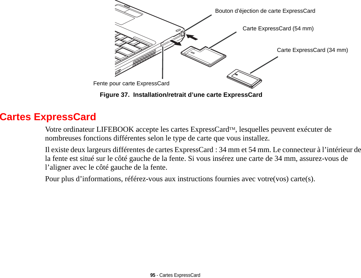 Bouton d’éjection de carte ExpressCardFente pour carte ExpressCardCarte ExpressCard (54 mm)Carte ExpressCard (34 mm)95 - Cartes ExpressCardFigure 37.  Installation/retrait d’une carte ExpressCardCartes ExpressCardVotre ordinateur LIFEBOOK accepte les cartes ExpressCardTM, lesquelles peuvent exécuter de nombreuses fonctions différentes selon le type de carte que vous installez. Il existe deux largeurs différentes de cartes ExpressCard : 34 mm et 54 mm. Le connecteur à l’intérieur de la fente est situé sur le côté gauche de la fente. Si vous insérez une carte de 34 mm, assurez-vous de l’aligner avec le côté gauche de la fente.Pour plus d’informations, référez-vous aux instructions fournies avec votre(vos) carte(s).