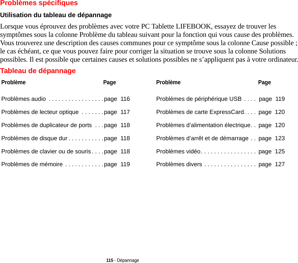 115 - DépannageProblèmes spécifiquesUtilisation du tableau de dépannage Lorsque vous éprouvez des problèmes avec votre PC Tablette LIFEBOOK, essayez de trouver les symptômes sous la colonne Problème du tableau suivant pour la fonction qui vous cause des problèmes. Vous trouverez une description des causes communes pour ce symptôme sous la colonne Cause possible ; le cas échéant, ce que vous pouvez faire pour corriger la situation se trouve sous la colonne Solutions possibles. Il est possible que certaines causes et solutions possibles ne s’appliquent pas à votre ordinateur.Tableau de dépannageProblème PageProblèmes audio  . . . . . . . . . . . . . . . . .page  116Problèmes de lecteur optique  . . . . . . .page  117Problèmes de duplicateur de ports  . . .page  118Problèmes de disque dur . . . . . . . . . . .page  118Problèmes de clavier ou de souris. . . .page  118Problèmes de mémoire  . . . . . . . . . . . .page  119Problème PageProblèmes de périphérique USB  . . . .  page  119Problèmes de carte ExpressCard. . . .  page  120Problèmes d’alimentation électrique. .  page  120Problèmes d’arrêt et de démarrage . .  page  123Problèmes vidéo. . . . . . . . . . . . . . . . .  page  125Problèmes divers . . . . . . . . . . . . . . . .  page  127