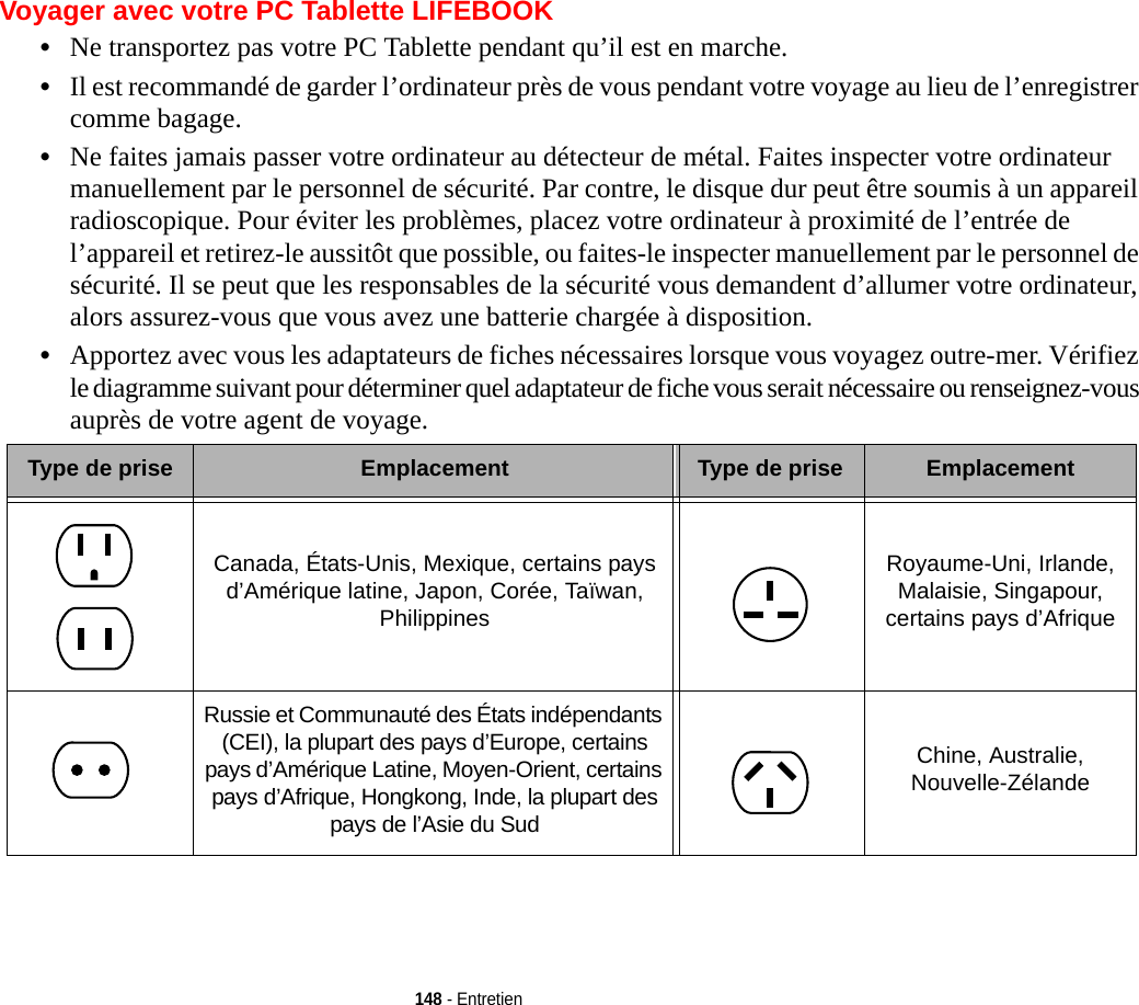 148 - EntretienVoyager avec votre PC Tablette LIFEBOOK•Ne transportez pas votre PC Tablette pendant qu’il est en marche. •Il est recommandé de garder l’ordinateur près de vous pendant votre voyage au lieu de l’enregistrer comme bagage.•Ne faites jamais passer votre ordinateur au détecteur de métal. Faites inspecter votre ordinateur manuellement par le personnel de sécurité. Par contre, le disque dur peut être soumis à un appareil radioscopique. Pour éviter les problèmes, placez votre ordinateur à proximité de l’entrée de l’appareil et retirez-le aussitôt que possible, ou faites-le inspecter manuellement par le personnel de sécurité. Il se peut que les responsables de la sécurité vous demandent d’allumer votre ordinateur, alors assurez-vous que vous avez une batterie chargée à disposition. •Apportez avec vous les adaptateurs de fiches nécessaires lorsque vous voyagez outre-mer. Vérifiez le diagramme suivant pour déterminer quel adaptateur de fiche vous serait nécessaire ou renseignez-vous auprès de votre agent de voyage.Type de prise Emplacement Type de prise EmplacementCanada, États-Unis, Mexique, certains pays d’Amérique latine, Japon, Corée, Taïwan, PhilippinesRoyaume-Uni, Irlande, Malaisie, Singapour, certains pays d’AfriqueRussie et Communauté des États indépendants (CEI), la plupart des pays d’Europe, certains pays d’Amérique Latine, Moyen-Orient, certains pays d’Afrique, Hongkong, Inde, la plupart des pays de l’Asie du SudChine, Australie, Nouvelle-Zélande