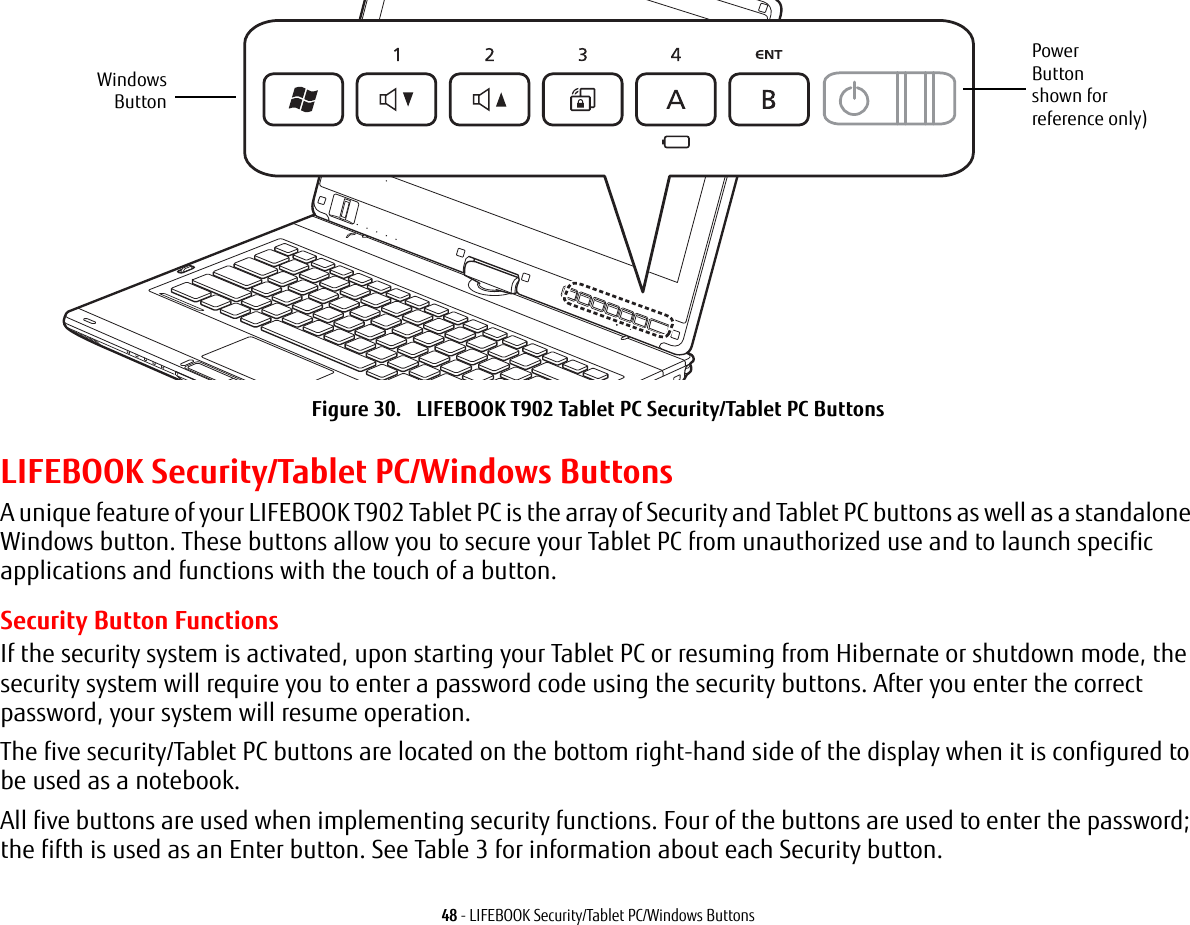 48 - LIFEBOOK Security/Tablet PC/Windows ButtonsFigure 30.   LIFEBOOK T902 Tablet PC Security/Tablet PC Buttons LIFEBOOK Security/Tablet PC/Windows ButtonsA unique feature of your LIFEBOOK T902 Tablet PC is the array of Security and Tablet PC buttons as well as a standalone Windows button. These buttons allow you to secure your Tablet PC from unauthorized use and to launch specific applications and functions with the touch of a button. Security Button FunctionsIf the security system is activated, upon starting your Tablet PC or resuming from Hibernate or shutdown mode, the security system will require you to enter a password code using the security buttons. After you enter the correct password, your system will resume operation. The five security/Tablet PC buttons are located on the bottom right-hand side of the display when it is configured to be used as a notebook. All five buttons are used when implementing security functions. Four of the buttons are used to enter the password; the fifth is used as an Enter button. See Table 3 for information about each Security button.PowerButtonshown forreference only)WindowsButton
