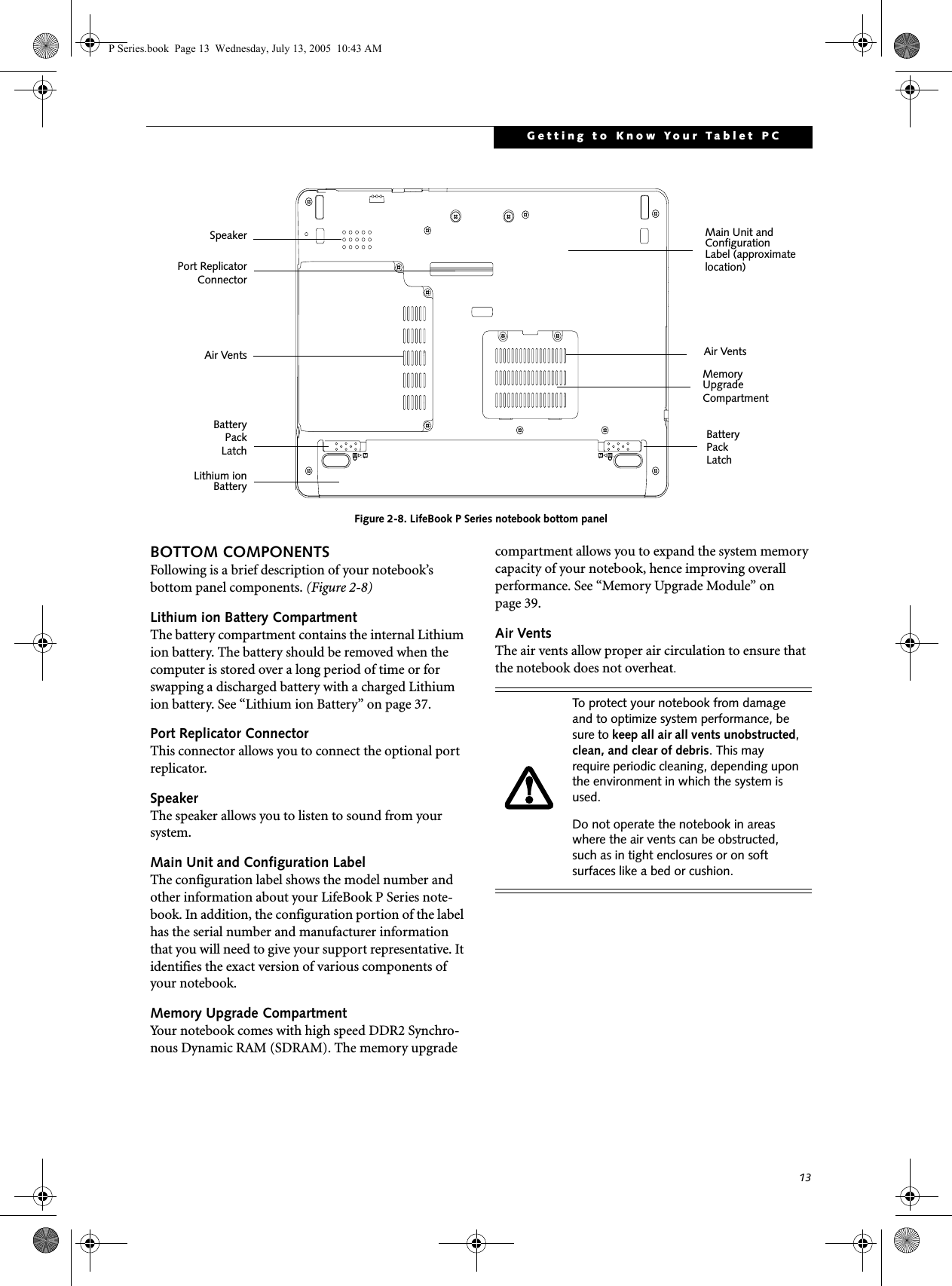 13Getting to Know Your Tablet PCFigure 2-8. LifeBook P Series notebook bottom panelBOTTOM COMPONENTSFollowing is a brief description of your notebook’s bottom panel components. (Figure 2-8)Lithium ion Battery CompartmentThe battery compartment contains the internal Lithium ion battery. The battery should be removed when the computer is stored over a long period of time or for swapping a discharged battery with a charged Lithium ion battery. See “Lithium ion Battery” on page 37.Port Replicator ConnectorThis connector allows you to connect the optional port replicator. SpeakerThe speaker allows you to listen to sound from your system.Main Unit and Configuration LabelThe configuration label shows the model number and other information about your LifeBook P Series note-book. In addition, the configuration portion of the label has the serial number and manufacturer information that you will need to give your support representative. It identifies the exact version of various components of your notebook. Memory Upgrade CompartmentYour notebook comes with high speed DDR2 Synchro-nous Dynamic RAM (SDRAM). The memory upgrade compartment allows you to expand the system memory capacity of your notebook, hence improving overall performance. See “Memory Upgrade Module” on page 39.Air VentsThe air vents allow proper air circulation to ensure that the notebook does not overheat.Memory Lithium ionBatteryMain Unit andConfigurationLabel (approximateBatteryPort ReplicatorConnectorlocation)PackLatchBatteryPackLatchUpgradeCompartmentSpeakerAir VentsAir VentsTo protect your notebook from damage and to optimize system performance, be sure to keep all air all vents unobstructed, clean, and clear of debris. This may require periodic cleaning, depending upon the environment in which the system is used. Do not operate the notebook in areas where the air vents can be obstructed, such as in tight enclosures or on soft surfaces like a bed or cushion.P Series.book  Page 13  Wednesday, July 13, 2005  10:43 AM