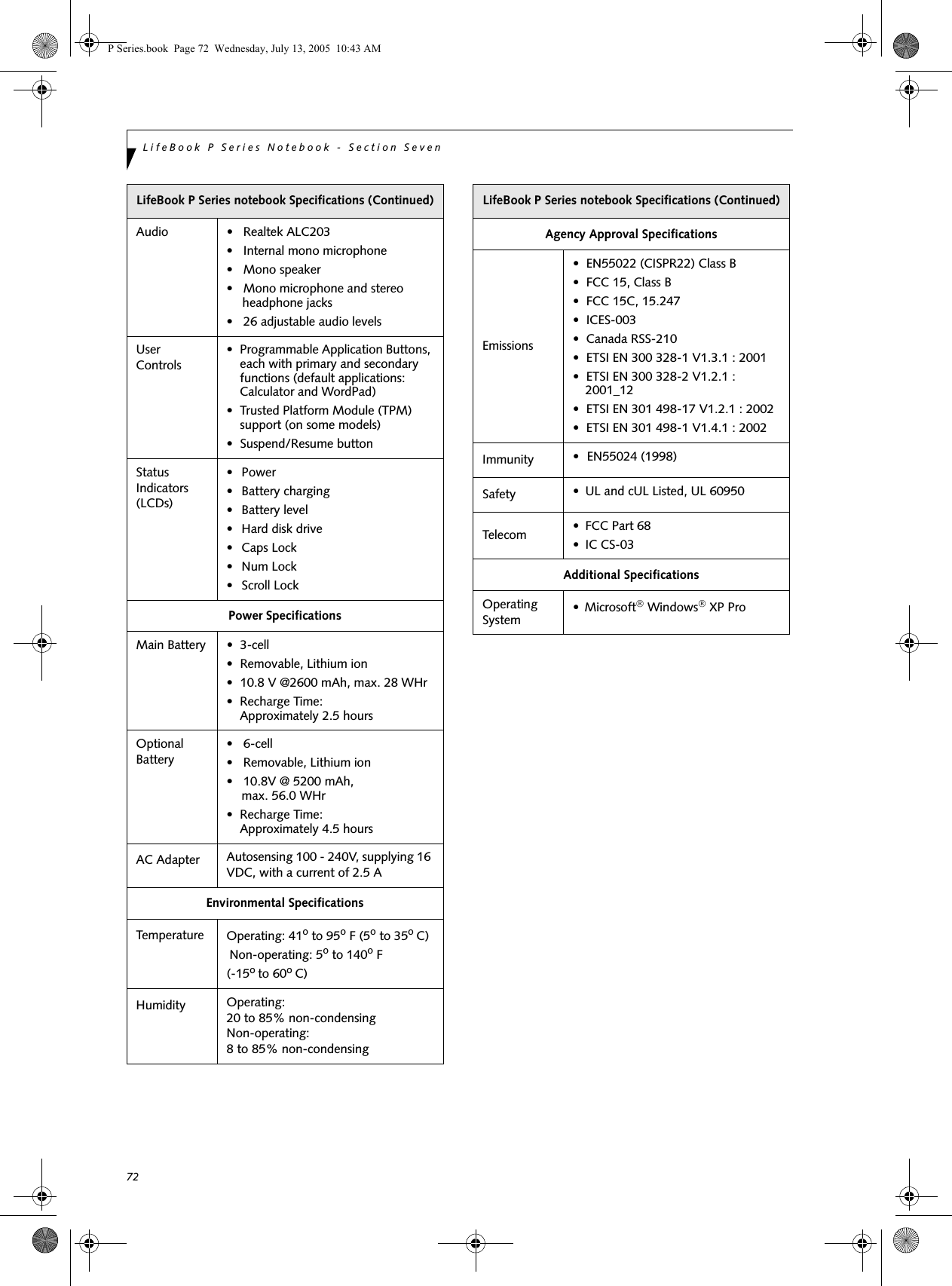 72LifeBook P Series Notebook - Section SevenAudio • Realtek ALC203• Internal mono microphone• Mono speaker• Mono microphone and stereo headphone jacks• 26 adjustable audio levelsUser Controls• Programmable Application Buttons, each with primary and secondary functions (default applications: Calculator and WordPad)• Trusted Platform Module (TPM) support (on some models)• Suspend/Resume buttonStatus Indicators (LCDs)•Power• Battery charging• Battery level• Hard disk drive• Caps Lock•Num Lock• Scroll LockPower SpecificationsMain Battery • 3-cell • Removable, Lithium ion• 10.8 V @2600 mAh, max. 28 WHr•Recharge Time: Approximately 2.5 hours Optional Battery•6-cell• Removable, Lithium ion• 10.8V @ 5200 mAh, max. 56.0 WHr•Recharge Time: Approximately 4.5 hours AC Adapter Autosensing 100 - 240V, supplying 16 VDC, with a current of 2.5 AEnvironmental SpecificationsTemperature Operating: 41o to 95o F (5o to 35o C) Non-operating: 5o to 140o F (-15o to 60o C) Humidity Operating: 20 to 85% non-condensingNon-operating: 8 to 85% non-condensingLifeBook P Series notebook Specifications (Continued)Agency Approval SpecificationsEmissions• EN55022 (CISPR22) Class B • FCC 15, Class B• FCC 15C, 15.247• ICES-003• Canada RSS-210• ETSI EN 300 328-1 V1.3.1 : 2001• ETSI EN 300 328-2 V1.2.1 : 2001_12• ETSI EN 301 498-17 V1.2.1 : 2002• ETSI EN 301 498-1 V1.4.1 : 2002Immunity • EN55024 (1998)Safety • UL and cUL Listed, UL 60950Telecom • FCC Part 68• IC CS-03Additional SpecificationsOperating System • Microsoft® Windows® XP ProLifeBook P Series notebook Specifications (Continued) P Series.book  Page 72  Wednesday, July 13, 2005  10:43 AM