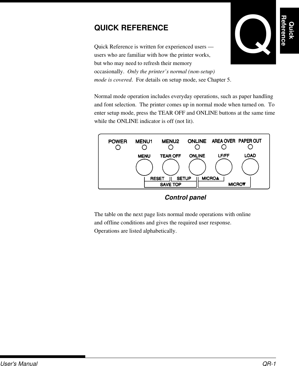 QUICK REFERENCEUser&apos;s Manual QR-1QuickReference Introduction Setting Up PaperHandling Printing Setup ModeQUICK REFERENCEQuick Reference is written for experienced users —users who are familiar with how the printer works,but who may need to refresh their memoryoccasionally.  Only the printer’s normal (non-setup)mode is covered.  For details on setup mode, see Chapter 5.Normal mode operation includes everyday operations, such as paper handlingand font selection.  The printer comes up in normal mode when turned on.  Toenter setup mode, press the TEAR OFF and ONLINE buttons at the same timewhile the ONLINE indicator is off (not lit).Control panelThe table on the next page lists normal mode operations with onlineand offline conditions and gives the required user response.Operations are listed alphabetically.Q