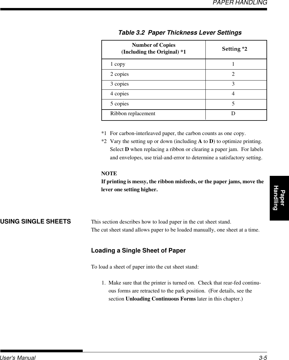 User&apos;s ManualPAPER HANDLING3-5QuickReference Introduc-tionSetting Up PaperHandling Printing Setup ModeUSING SINGLE SHEETS This section describes how to load paper in the cut sheet stand.The cut sheet stand allows paper to be loaded manually, one sheet at a time.Loading a Single Sheet of PaperTo load a sheet of paper into the cut sheet stand:1. Make sure that the printer is turned on.  Check that rear-fed continu-ous forms are retracted to the park position.  (For details, see thesection Unloading Continuous Forms later in this chapter.)Table 3.2  Paper Thickness Lever SettingsNumber of Copies(Including the Original) *11 copy 12 copies 23 copies 34 copies 45 copies 5Ribbon replacement D*1 For carbon-interleaved paper, the carbon counts as one copy.*2 Vary the setting up or down (including A to D) to optimize printing.Select D when replacing a ribbon or clearing a paper jam.  For labelsand envelopes, use trial-and-error to determine a satisfactory setting.NOTEIf printing is messy, the ribbon misfeeds, or the paper jams, move thelever one setting higher.Setting *2