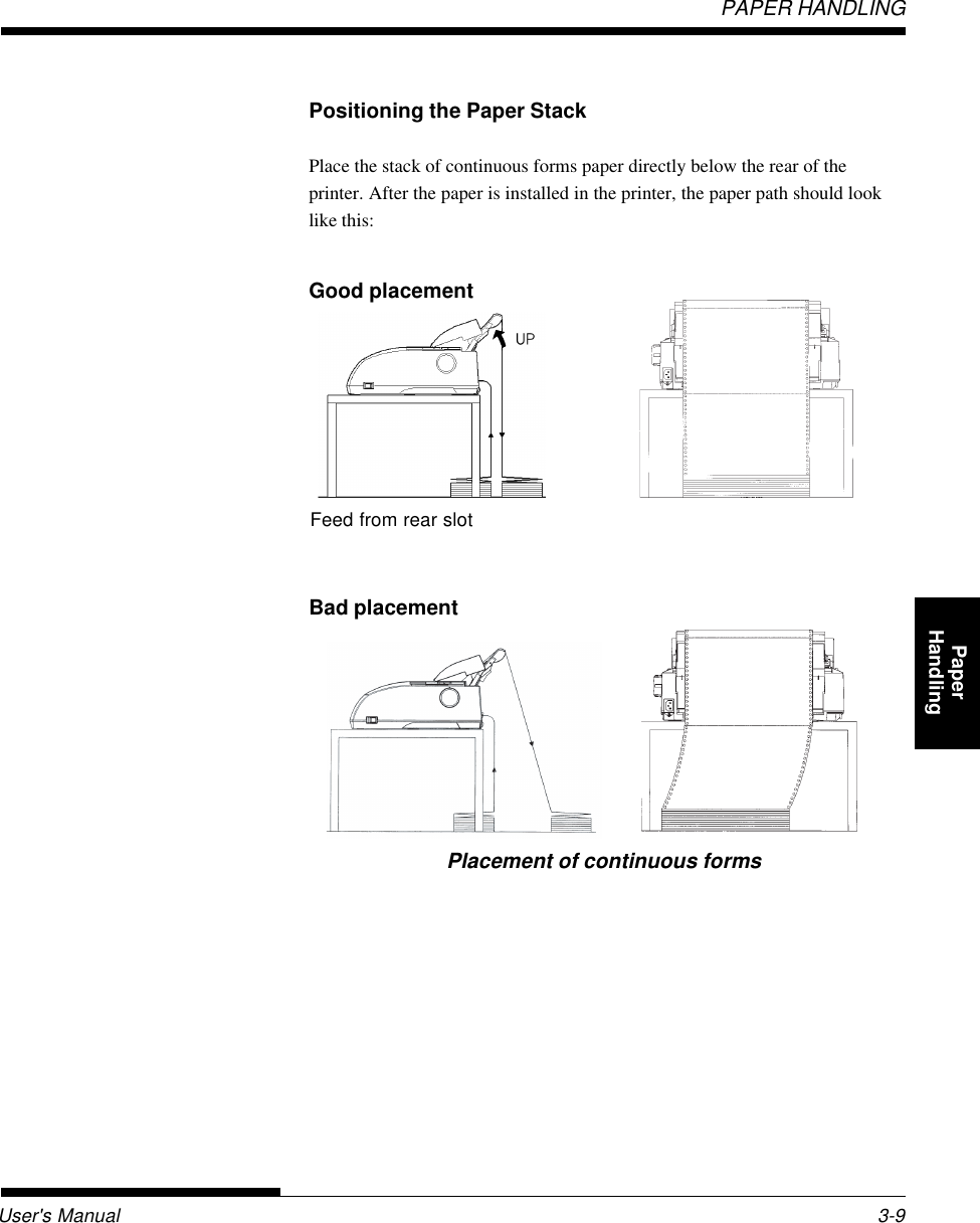 User&apos;s ManualPAPER HANDLING3-9QuickReference Introduc-tionSetting Up PaperHandling Printing Setup ModePositioning the Paper StackPlace the stack of continuous forms paper directly below the rear of theprinter. After the paper is installed in the printer, the paper path should looklike this:Good placementPlacement of continuous formsFeed from rear slotBad placement