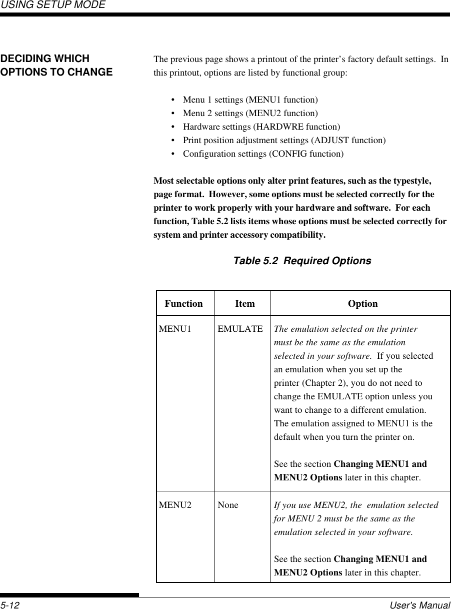 USING SETUP MODEUser&apos;s Manual5-12MENU1 EMULATE The emulation selected on the printermust be the same as the emulationselected in your software.  If you selectedan emulation when you set up theprinter (Chapter 2), you do not need tochange the EMULATE option unless youwant to change to a different emulation.The emulation assigned to MENU1 is thedefault when you turn the printer on.See the section Changing MENU1 andMENU2 Options later in this chapter.MENU2 None If you use MENU2, the  emulation selectedfor MENU 2 must be the same as theemulation selected in your software.See the section Changing MENU1 andMENU2 Options later in this chapter.DECIDING WHICHOPTIONS TO CHANGEThe previous page shows a printout of the printer’s factory default settings.  Inthis printout, options are listed by functional group:• Menu 1 settings (MENU1 function)• Menu 2 settings (MENU2 function)• Hardware settings (HARDWRE function)• Print position adjustment settings (ADJUST function)• Configuration settings (CONFIG function)Most selectable options only alter print features, such as the typestyle,page format.  However, some options must be selected correctly for theprinter to work properly with your hardware and software.  For eachfunction, Table 5.2 lists items whose options must be selected correctly forsystem and printer accessory compatibility.Table 5.2  Required OptionsFunction Item Option