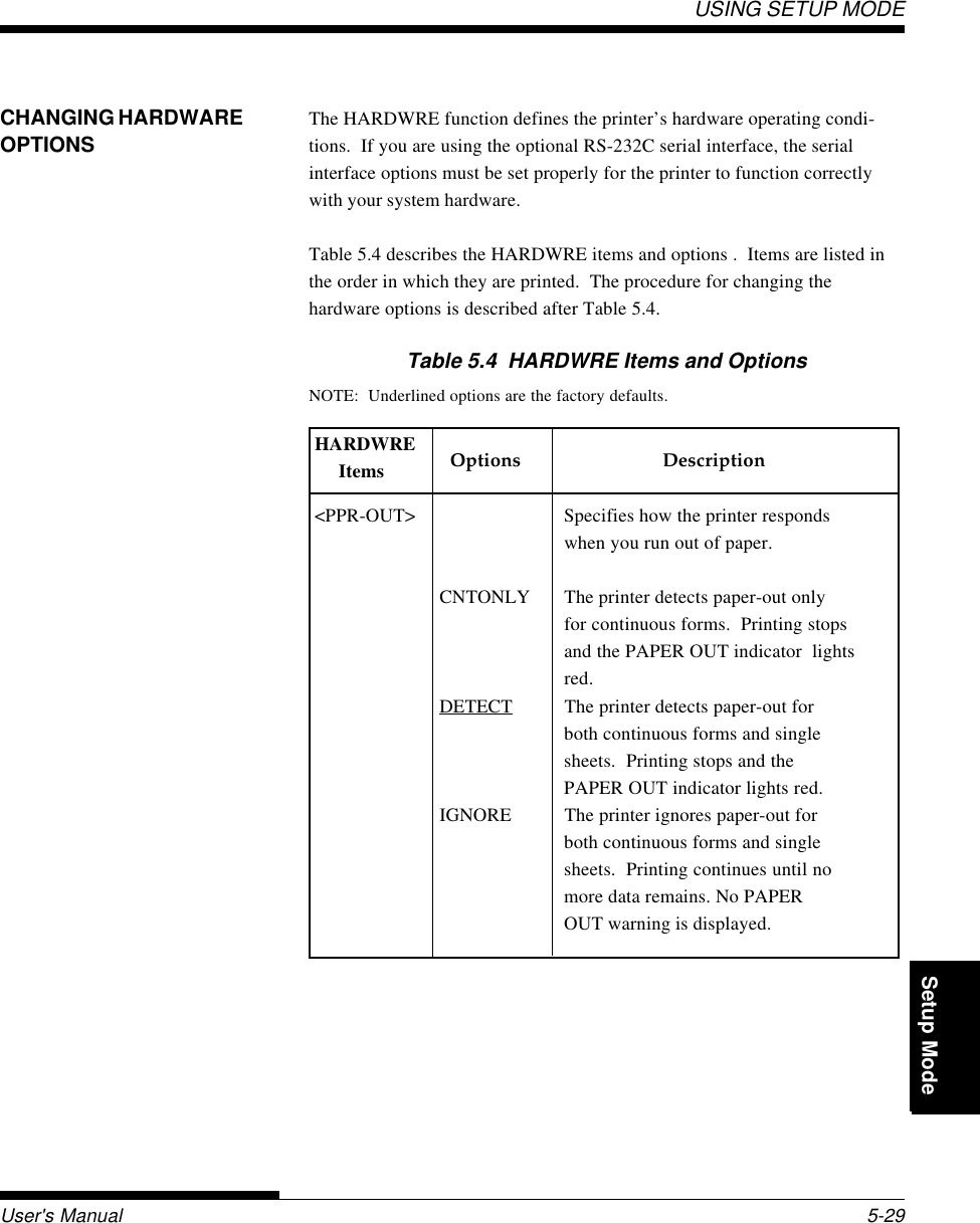 Setup ModeUSING SETUP MODEUser&apos;s Manual 5-29QuickReference Introduc-tionSetting Up PaperHandling Printing Setup ModeCHANGING HARDWAREOPTIONSThe HARDWRE function defines the printer’s hardware operating condi-tions.  If you are using the optional RS-232C serial interface, the serialinterface options must be set properly for the printer to function correctlywith your system hardware.Table 5.4 describes the HARDWRE items and options .  Items are listed inthe order in which they are printed.  The procedure for changing thehardware options is described after Table 5.4.Table 5.4  HARDWRE Items and OptionsNOTE:  Underlined options are the factory defaults.&lt;PPR-OUT&gt; Specifies how the printer respondswhen you run out of paper.CNTONLY The printer detects paper-out onlyfor continuous forms.  Printing stopsand the PAPER OUT indicator  lightsred.DETECT The printer detects paper-out forboth continuous forms and singlesheets.  Printing stops and thePAPER OUT indicator lights red.IGNORE The printer ignores paper-out forboth continuous forms and singlesheets.  Printing continues until nomore data remains. No PAPEROUT warning is displayed.HARDWRE     Items Options Description